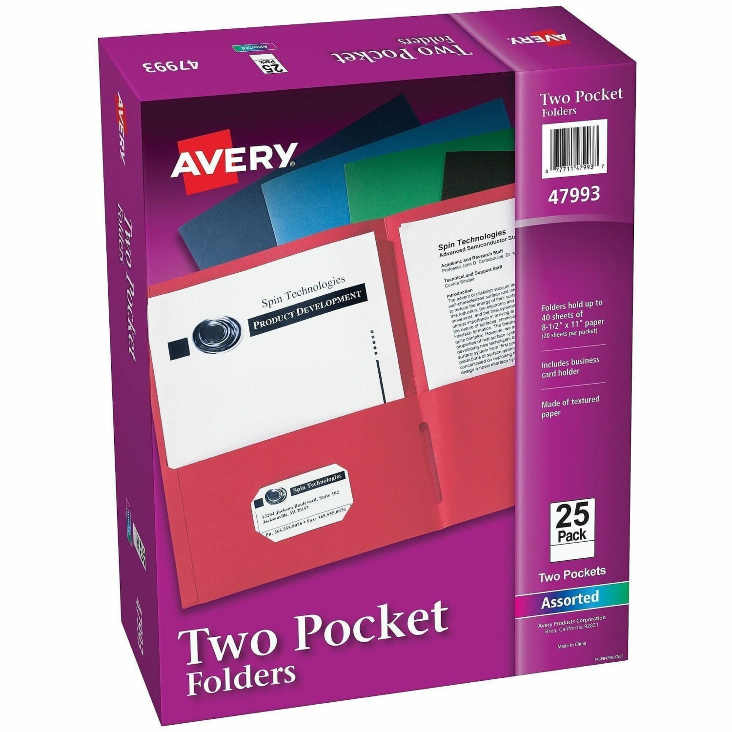 Avery Letter Pocket Folder - 8 1/2in x 11in - 40 Sheets Capacity - 2 Internal Pocket(s) - Embossed Paper - Assorted - Embossed - 25/Box - 5 / Carton