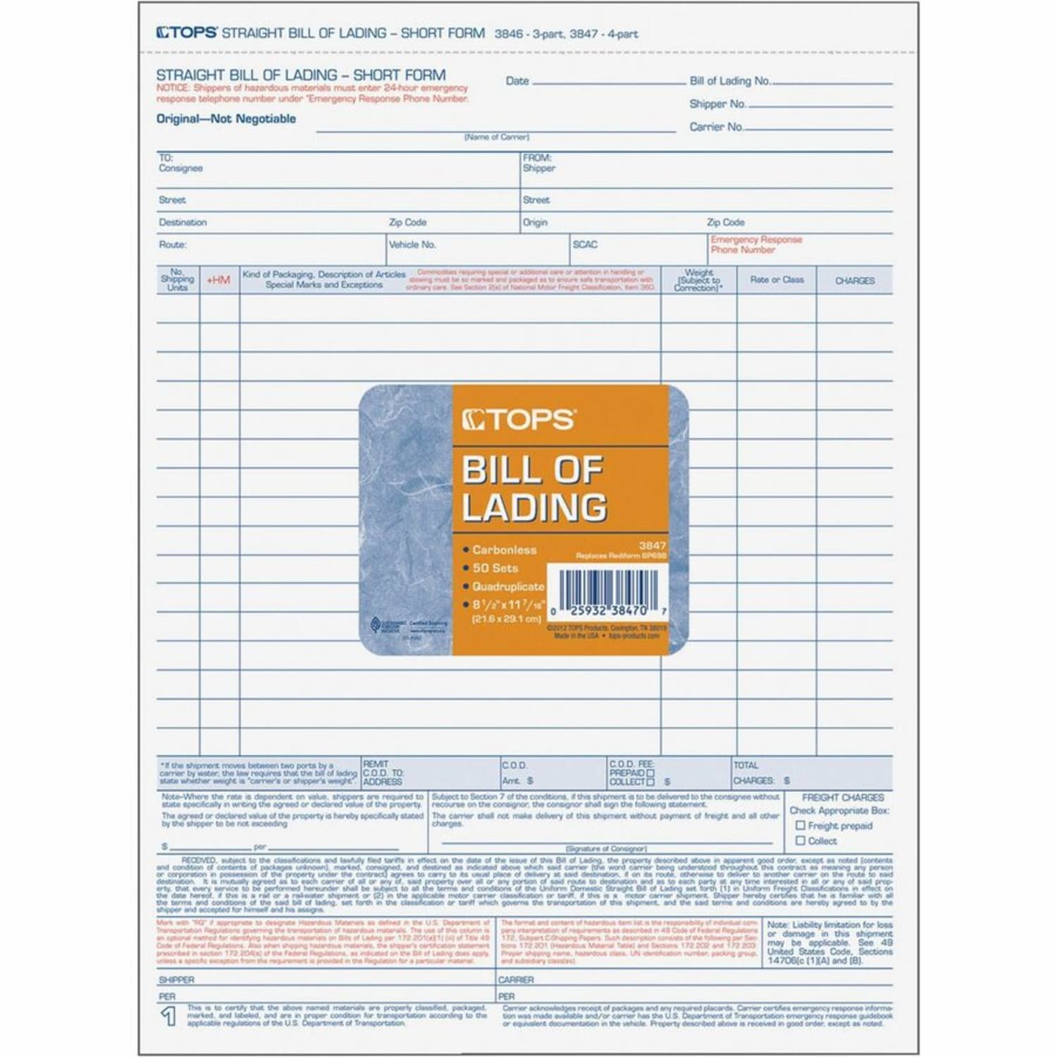 TOPS Bill-of-Lading Snap off 4-part Form Sets - 4 PartCarbonless Copy - 11 7/16in x 8 1/2in Sheet Size - White Sheet(s) - Light Blue, Blue, Red Print Color - 50 / Pack - Image 3