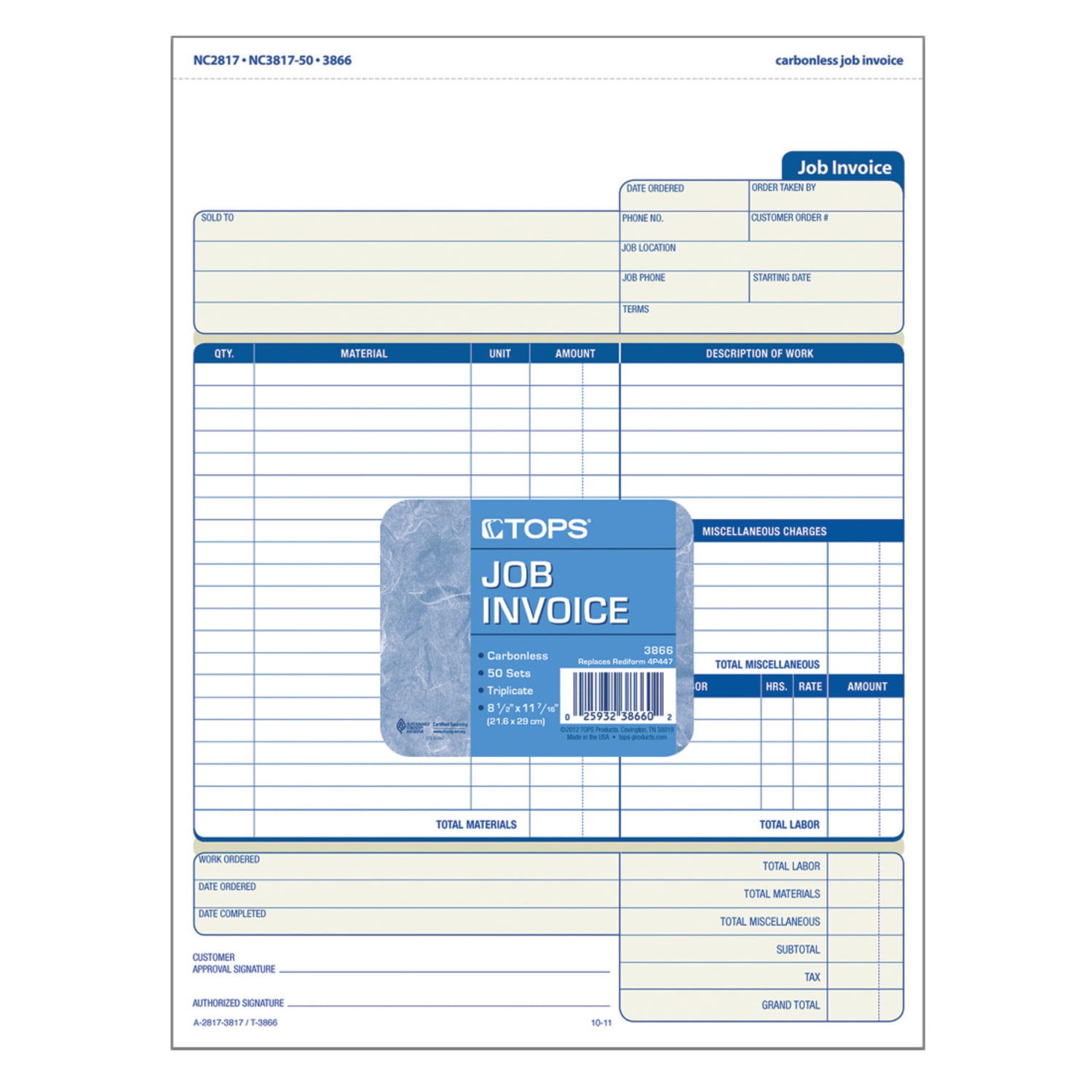 TOPS 3-Part Job Invoices, 8 1/2in x 11in, Pack Of 50 Sets - Image 3