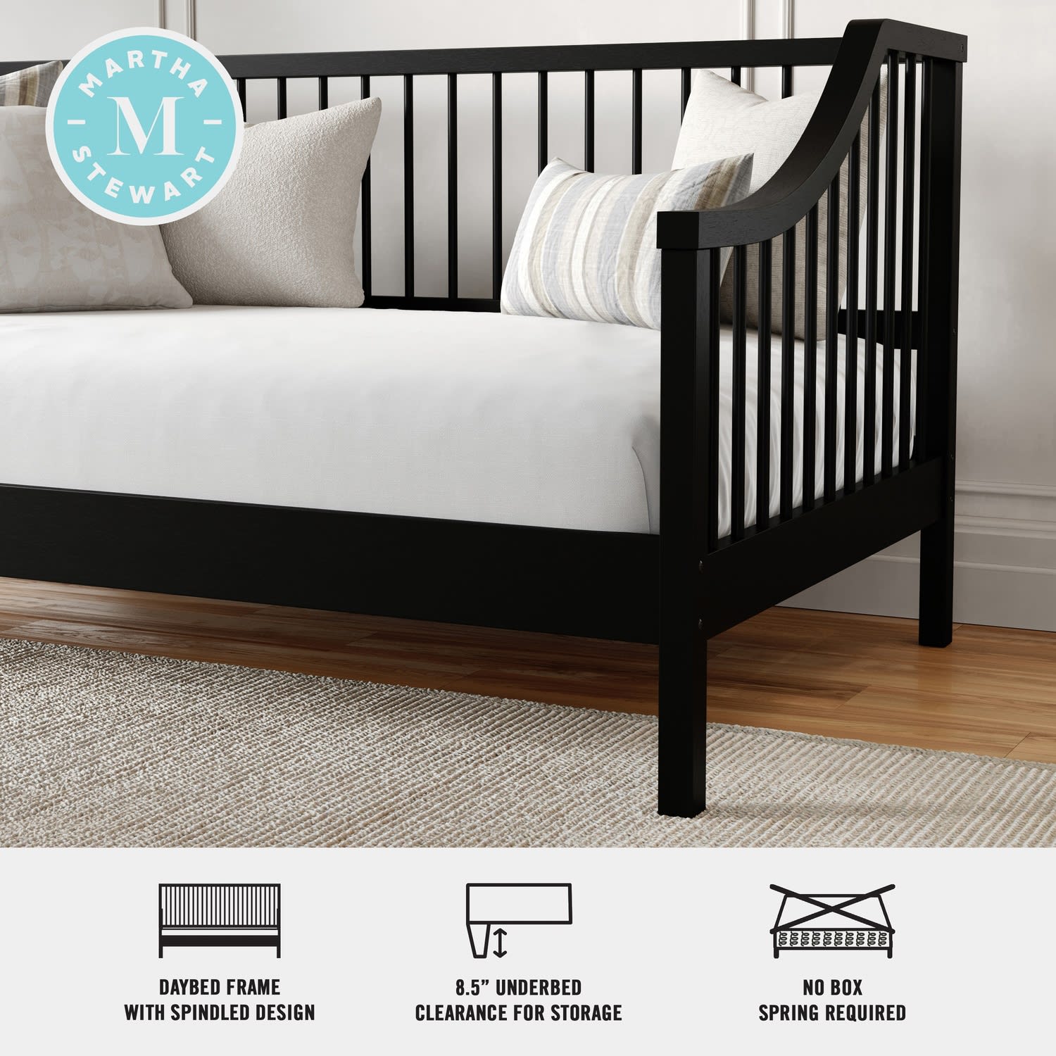 Flash Furniture Martha Stewart Neely Solid Wood Platform Daybed with Wooden Spindles and Slatted Foundation with No Box Spring Required, Black, Twin - Image 4