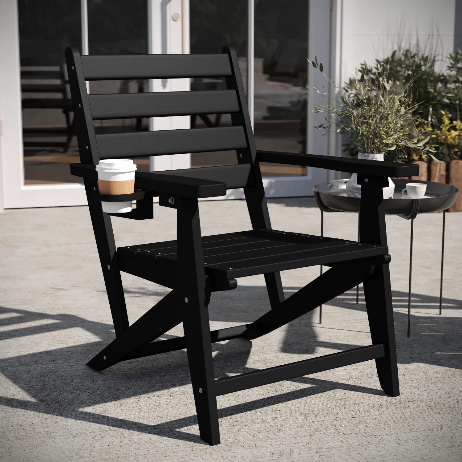 Flash Furniture Tolleson Commercial Grade Adirondack Dining Chair with Fold Out Cup Holder, Weather Resistant Recycled HDPE Adirondack Chair, Black - Image 3