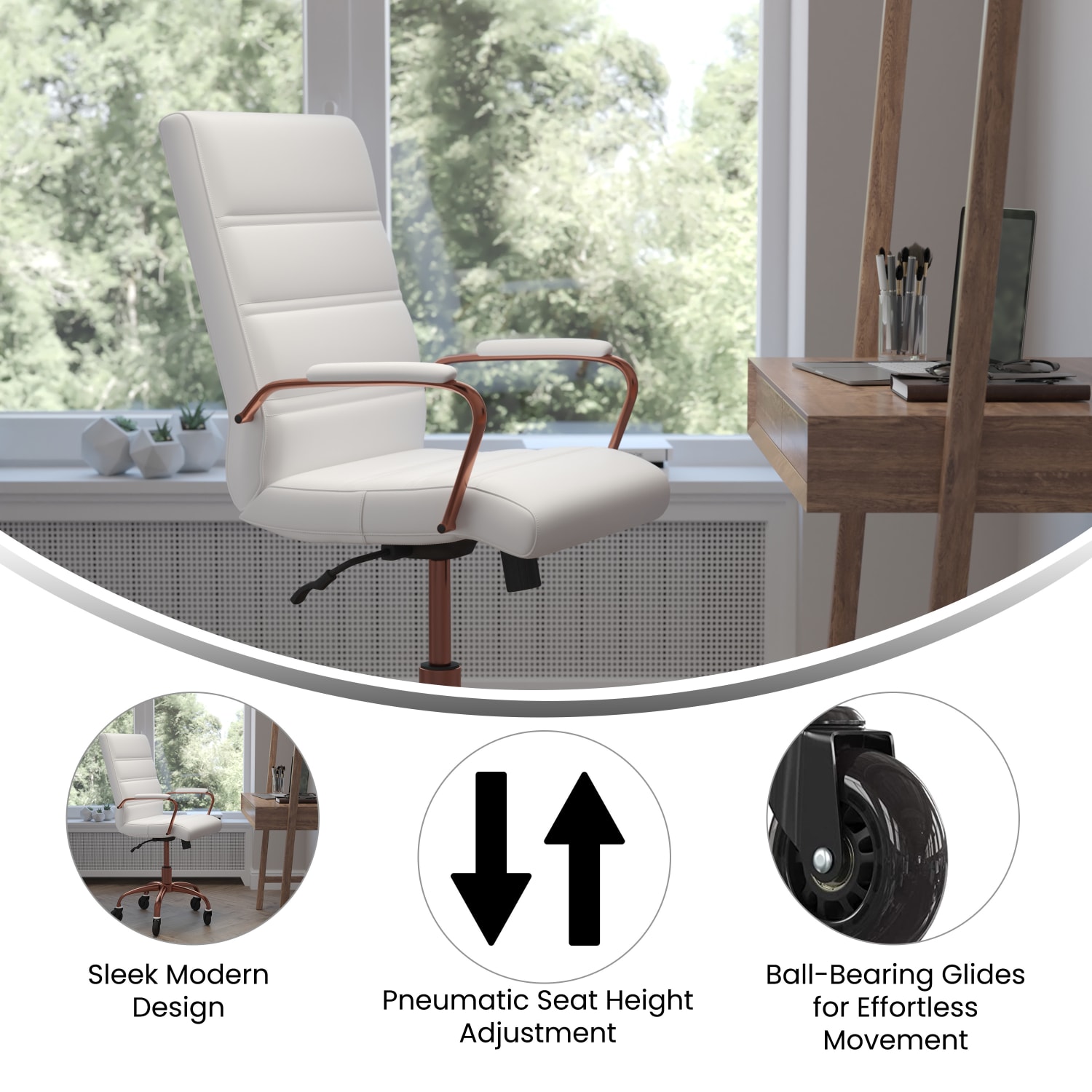 Flash Furniture Camilia Ergonomic Faux Leather Mid-Back Executive Swivel Office Chair With Arms, White/Rose Gold - Image 5