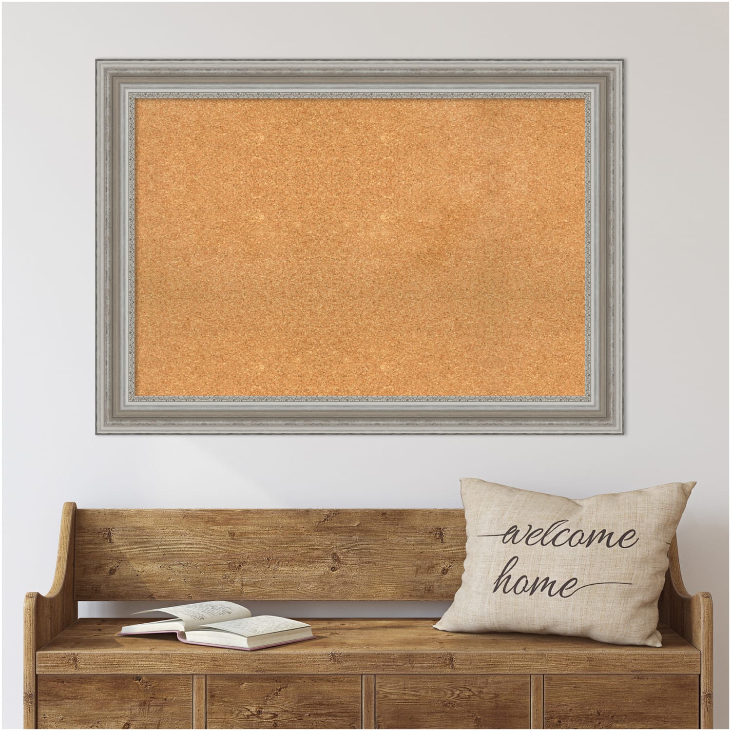 Amanti Art Non-Magnetic Cork Bulletin Board, 42in x 30in, Natural, Parlor Silver Plastic Frame - Image 4