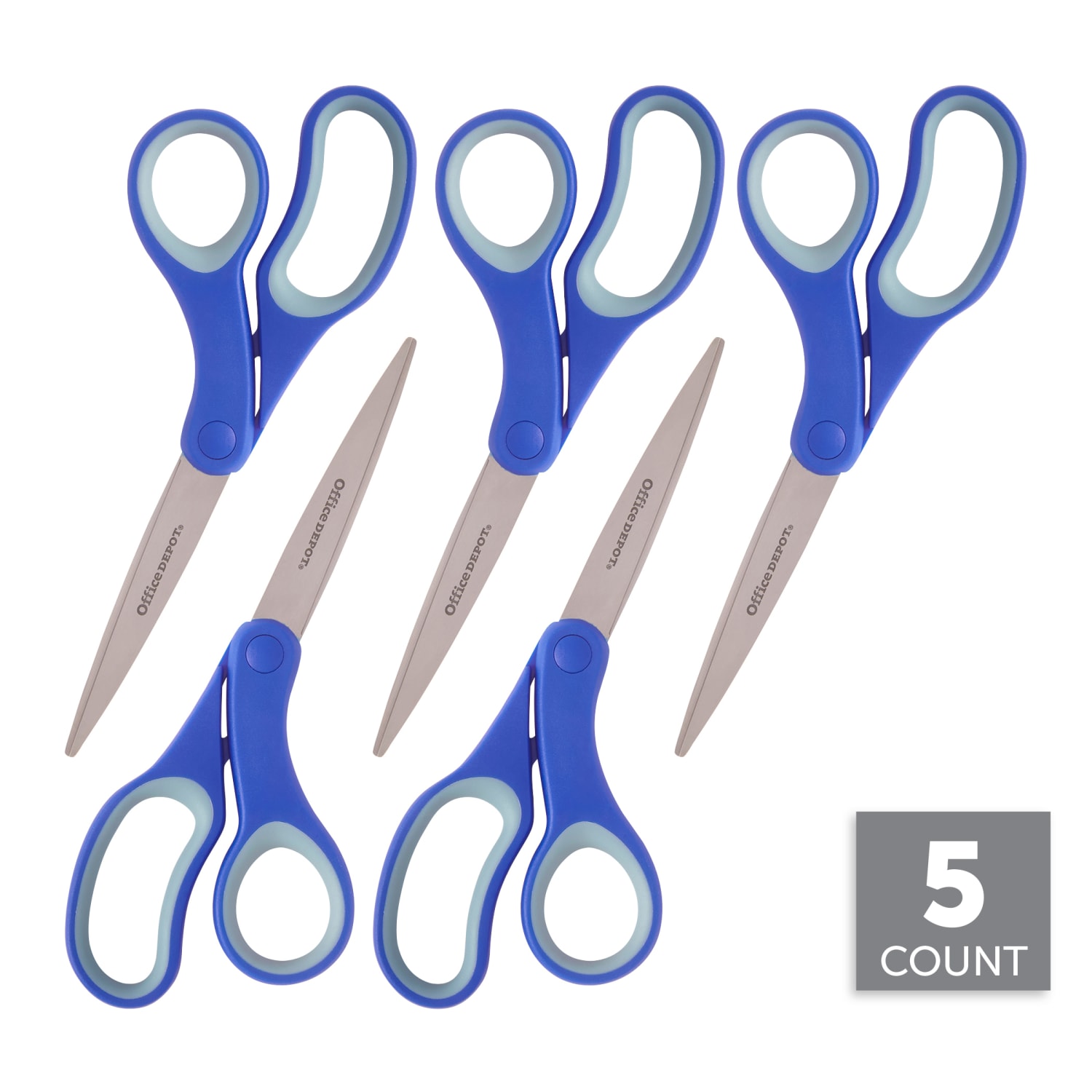 Office Depot Brand Soft Handle Stainless Steel Scissors, 8in, Bent, Blue/Gray, Pack Of 5 Scissors - Image 4