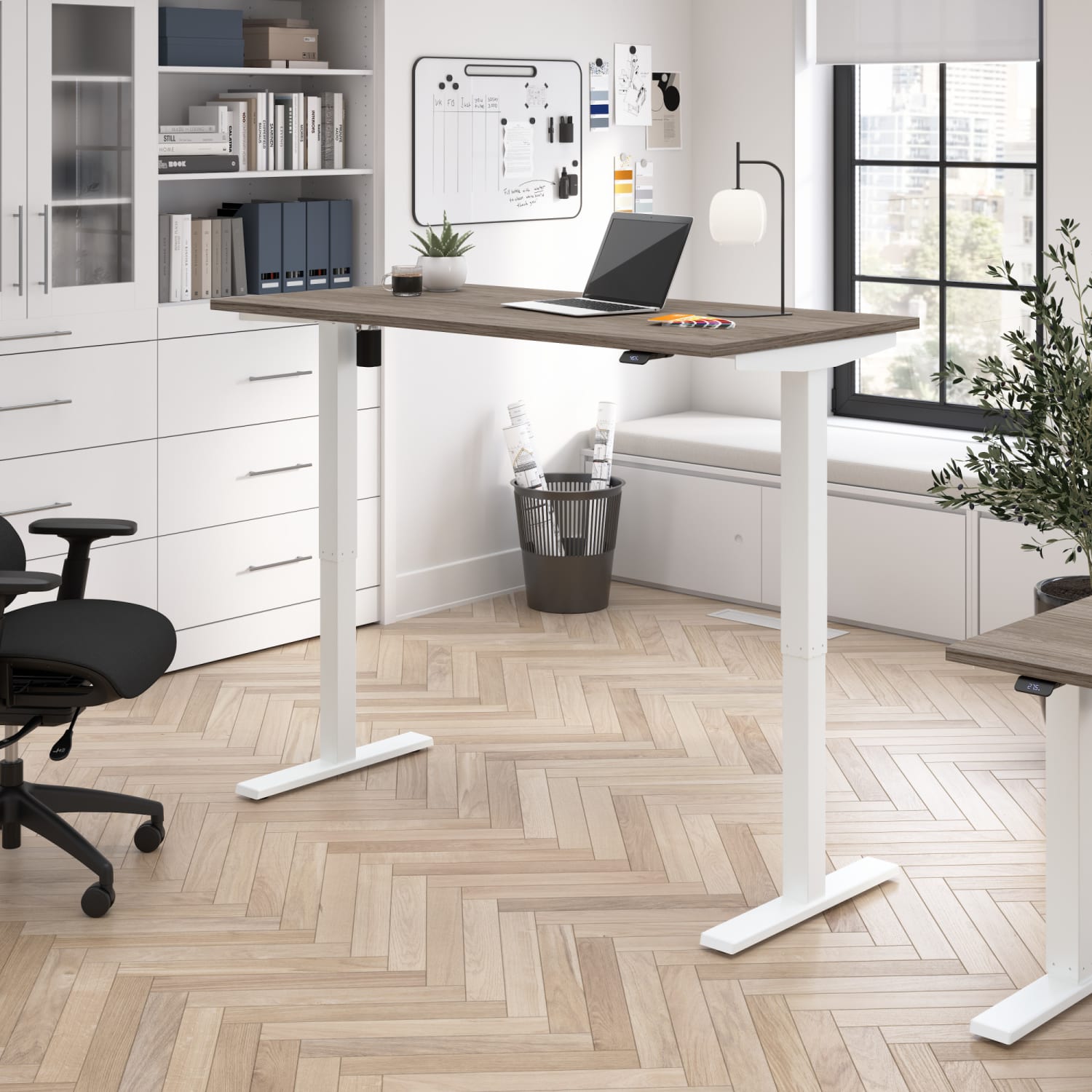 Bush Business Furniture Move 40 Series 60inW x 30inD Electric Height Adjustable Standing Desk, Modern Hickory/White Powder Coat, Standard Delivery