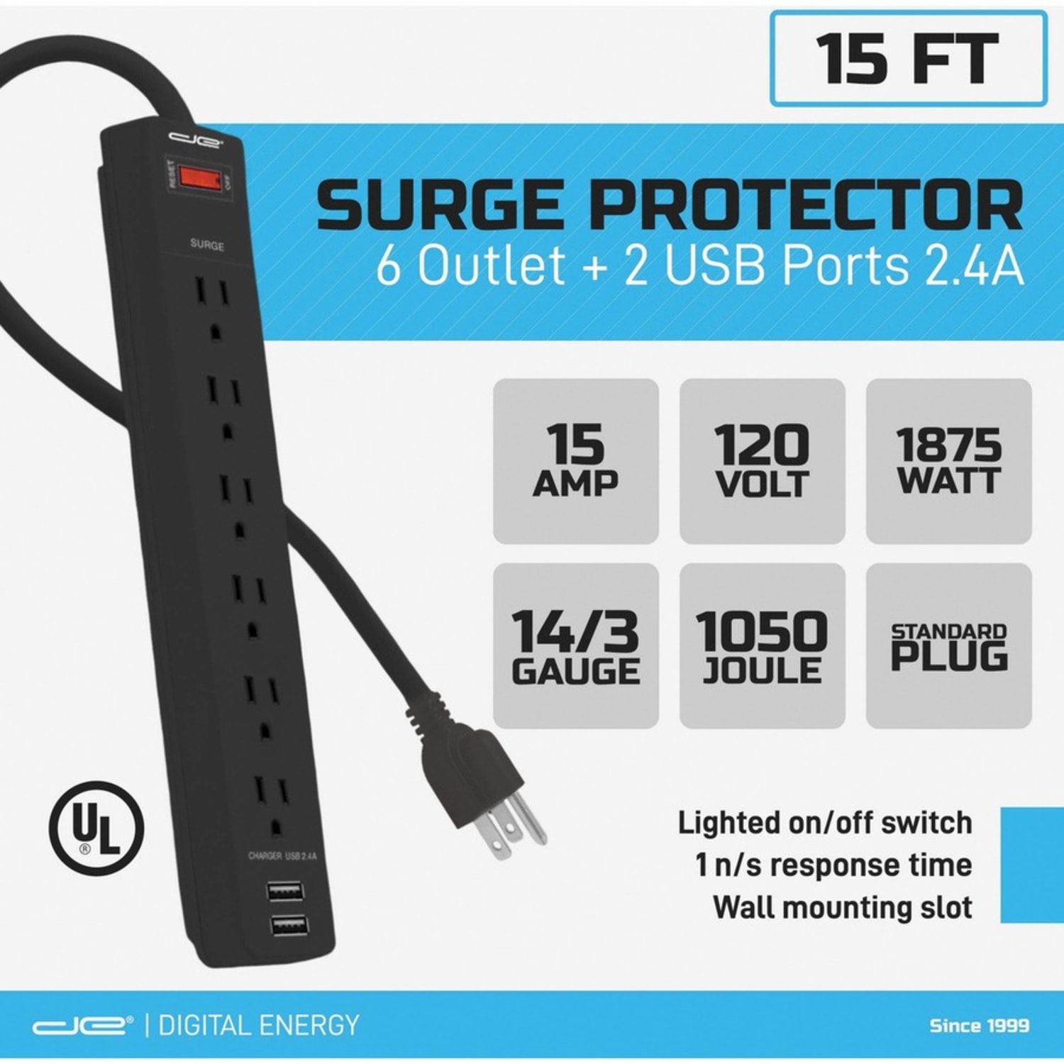 Digital Energy World 6-Outlet Surge Protector Power Strip with 2 USB Ports and 15-Foot Cord (Black) - ENR11007 - Image 3