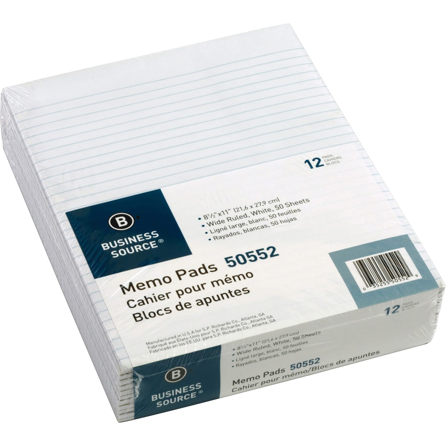 Business Source Glued Top Ruled Memo Pads - Letter - 50 Sheets - Glue - Wide Ruled Front Ruling - 16 lb Basis Weight - Letter - 8 1/2in x 11in Sheet Size - White Paper - 1 Dozen