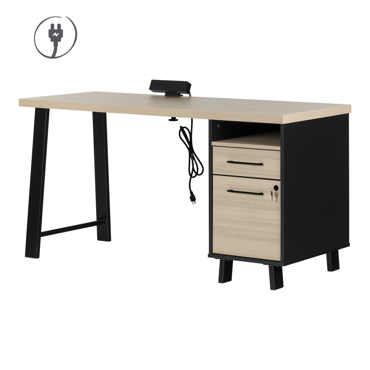 South Shore Kozack 60inW Computer Desk, Soft Elm/Matte Black - Image 3
