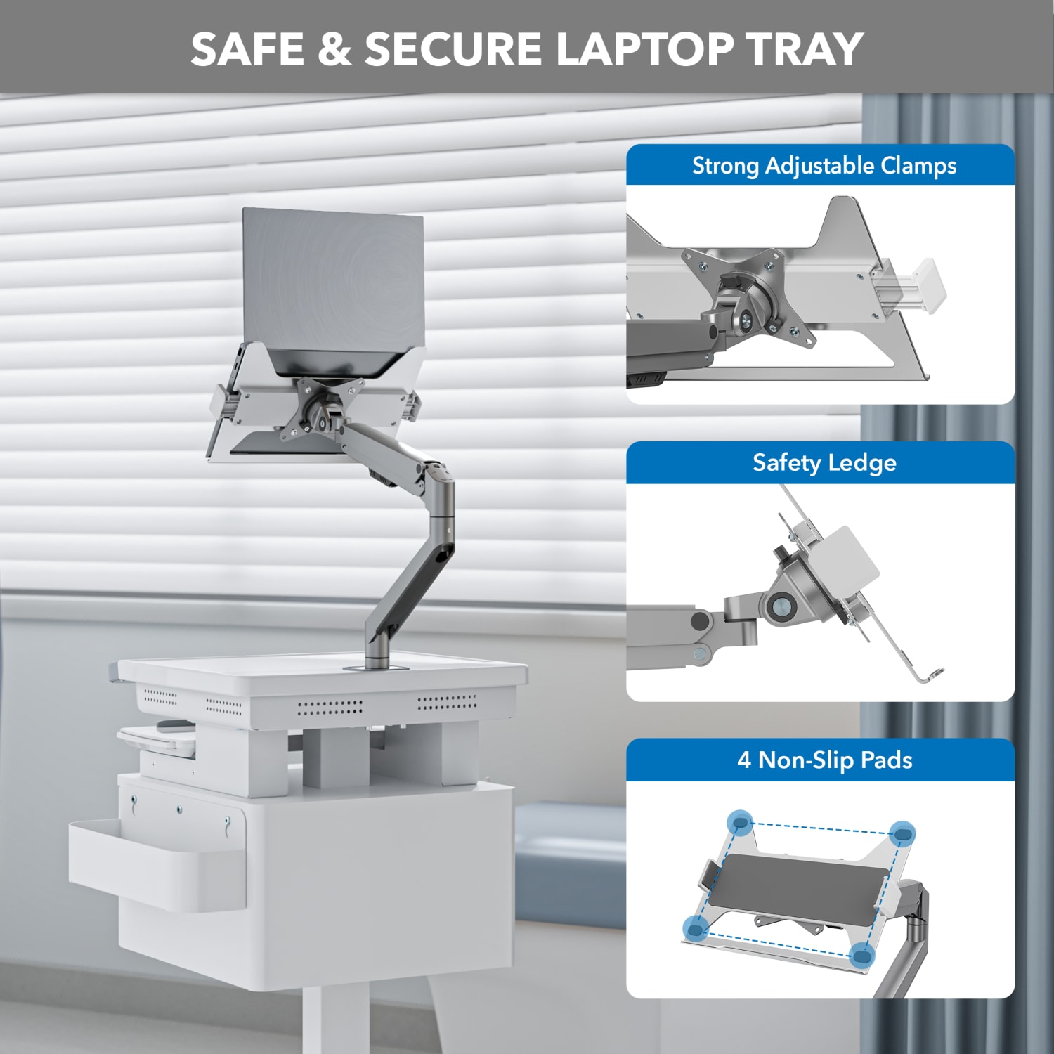 Mount-It! MedHub Mobile Medical Cart Workstation With Drawers And Laptop Arm, White/Gray - Image 4