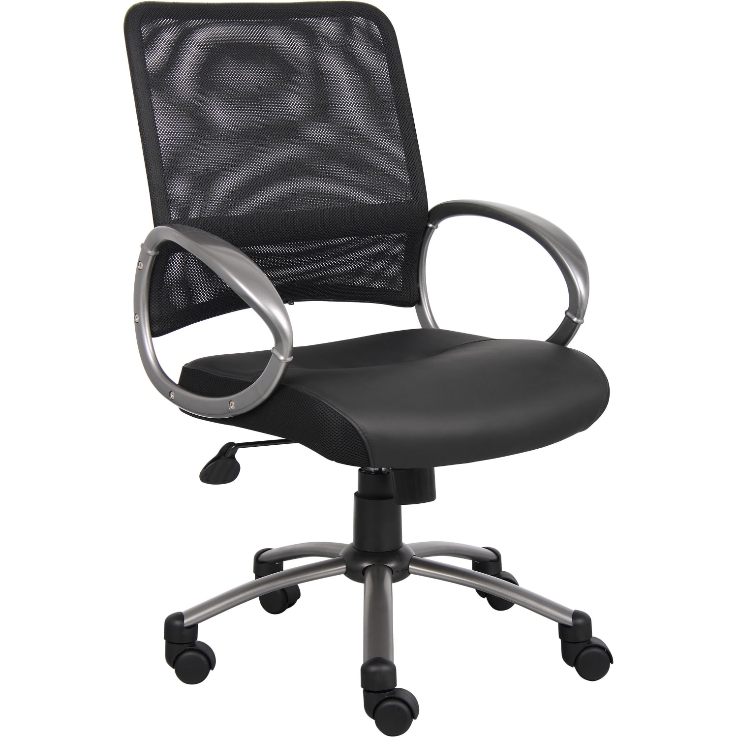 Lorell Mid-Back Bonded Leather/Mesh Task Chair, Black/Silver - Image 3