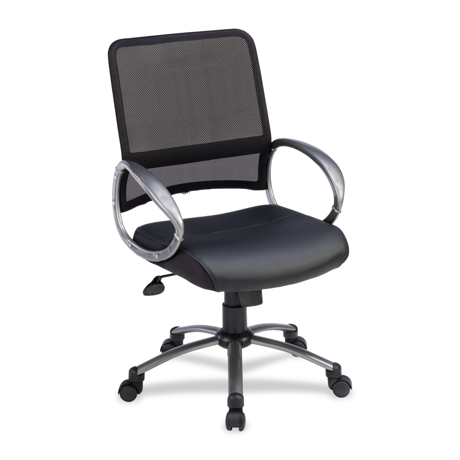 Lorell Mid-Back Bonded Leather/Mesh Task Chair, Black/Silver