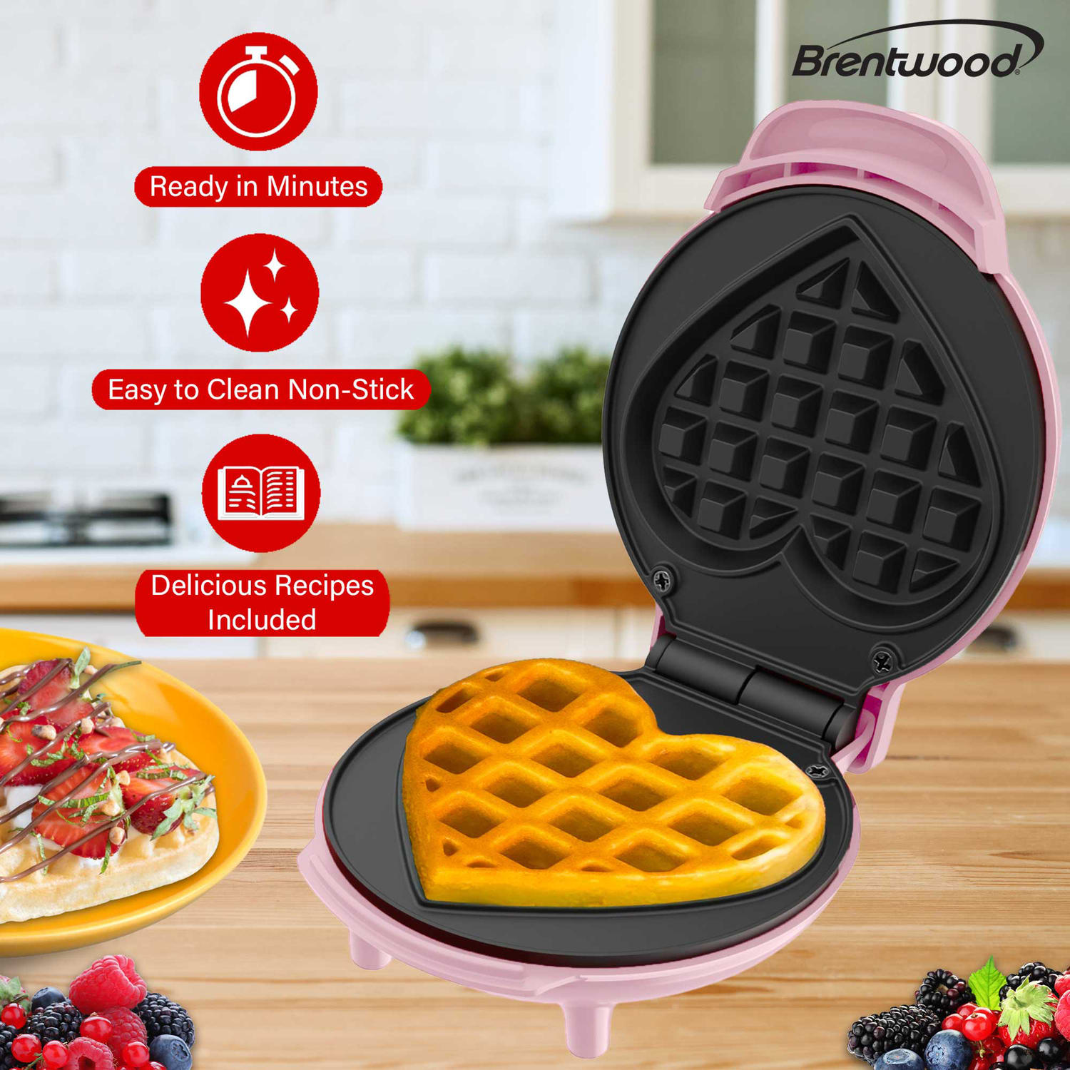 Brentwood 4-In. 400-Watt Nonstick Mini-Heart-Shaped Waffle Maker, Pink - Image 3
