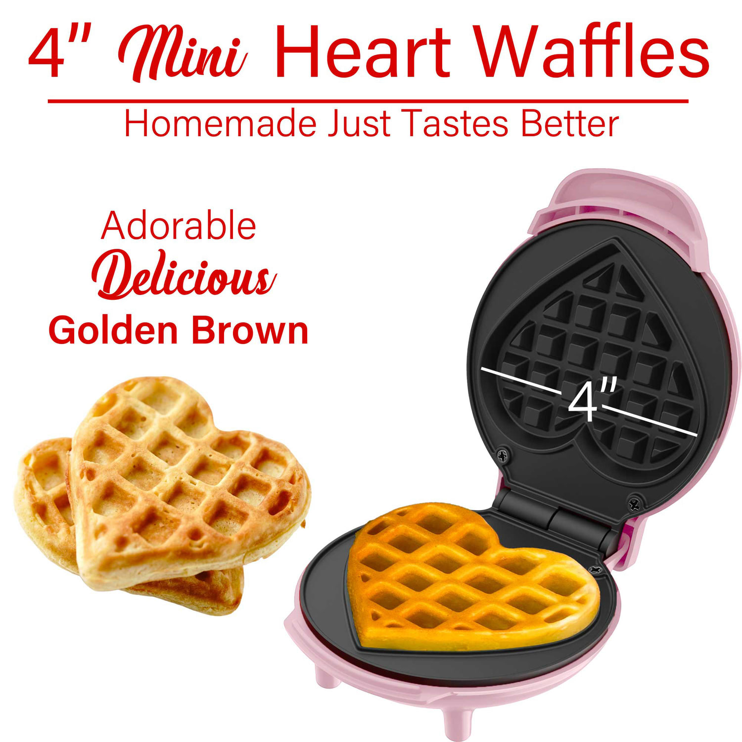 Brentwood 4-In. 400-Watt Nonstick Mini-Heart-Shaped Waffle Maker, Pink - Image 4