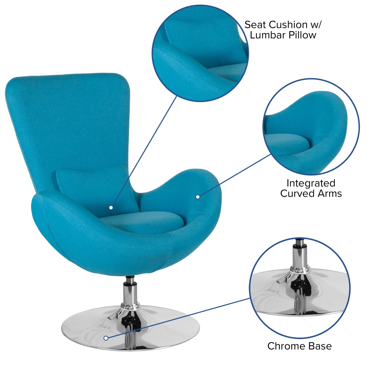 Flash Furniture Egg Side Fabric Reception Chair With Bowed Seat, Aqua Fabric - Image 4
