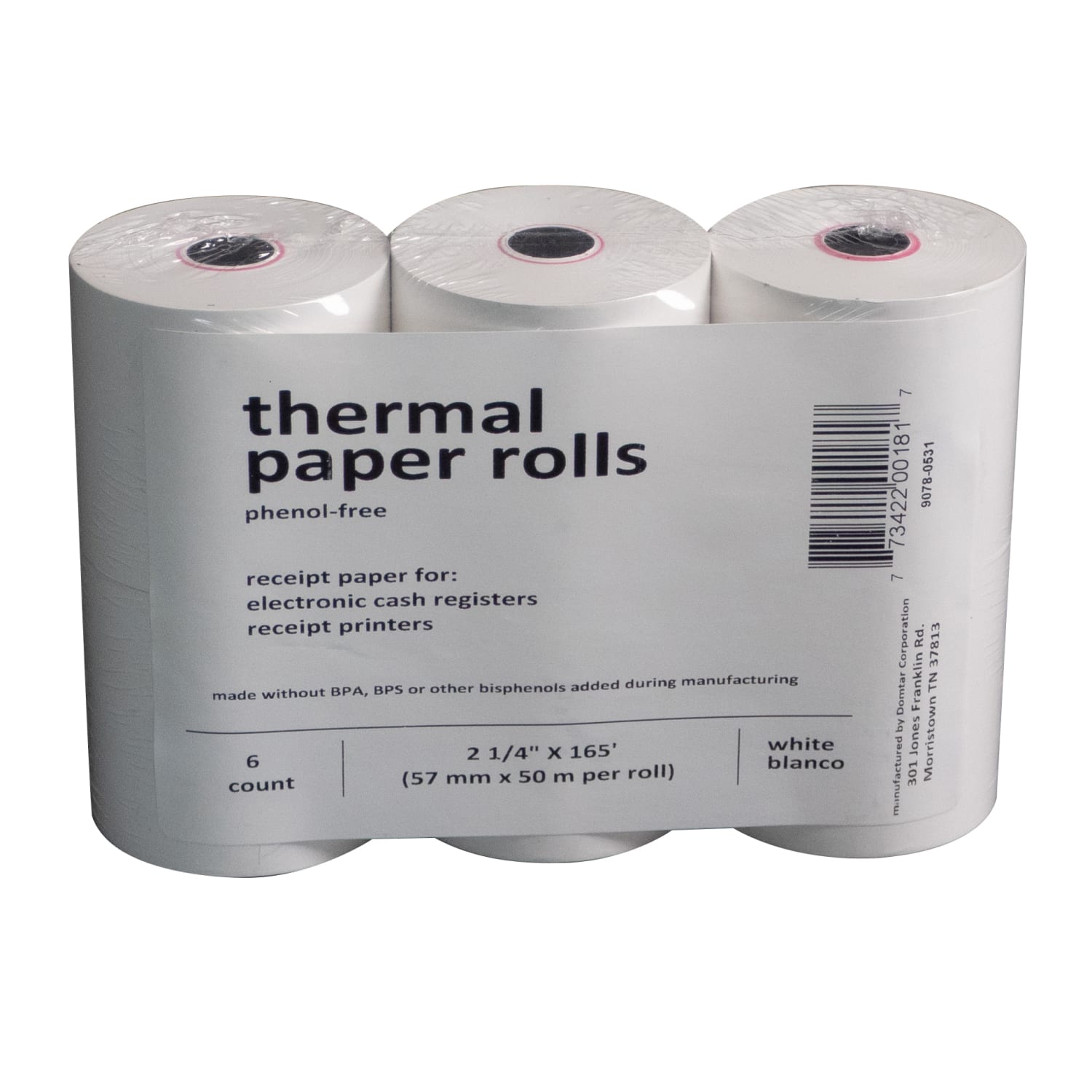Thermal Receipt Paper Rolls, 2-1/4inx165ft, Phenol-Free, White, 6 Rolls
