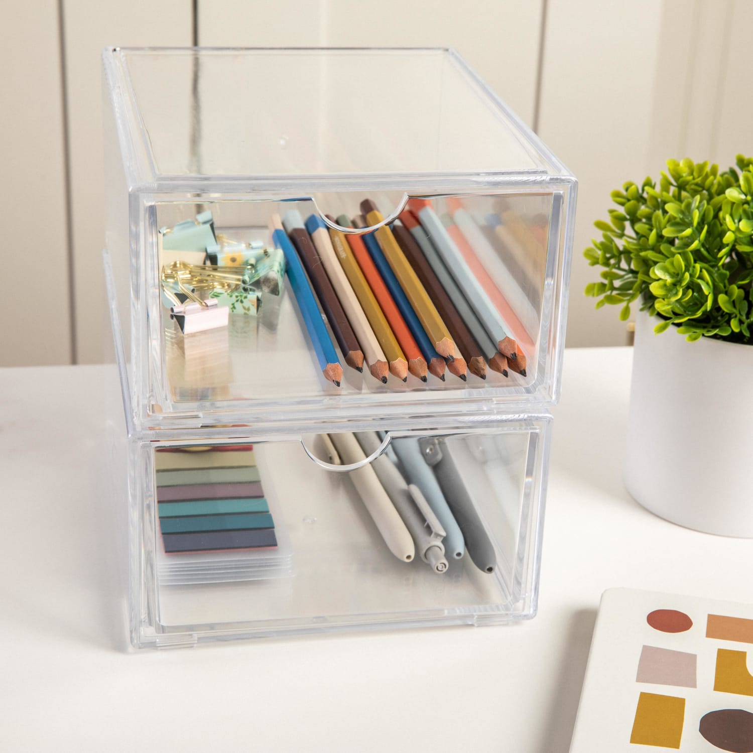Martha Stewart Brody Plastic Stackable Office Desktop Organizer Boxes With Drawers, 3-1/2inH x 6inW x 7-1/2inD, Clear, Pack Of 2 Boxes - Image 3