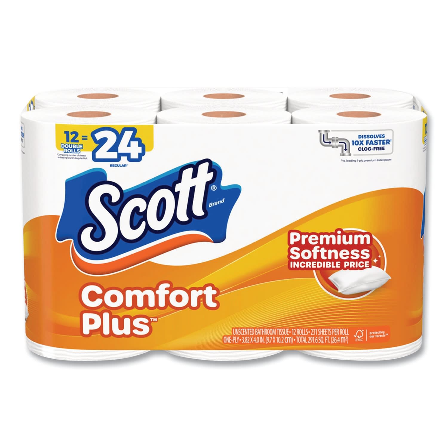 Scott ComfortPlus Toilet Paper, Double Roll, Bath Tissue, Septic Safe, 1-Ply, White, 231 Sheets/Roll, 12 Rolls/Pack, 4 Packs/Carton