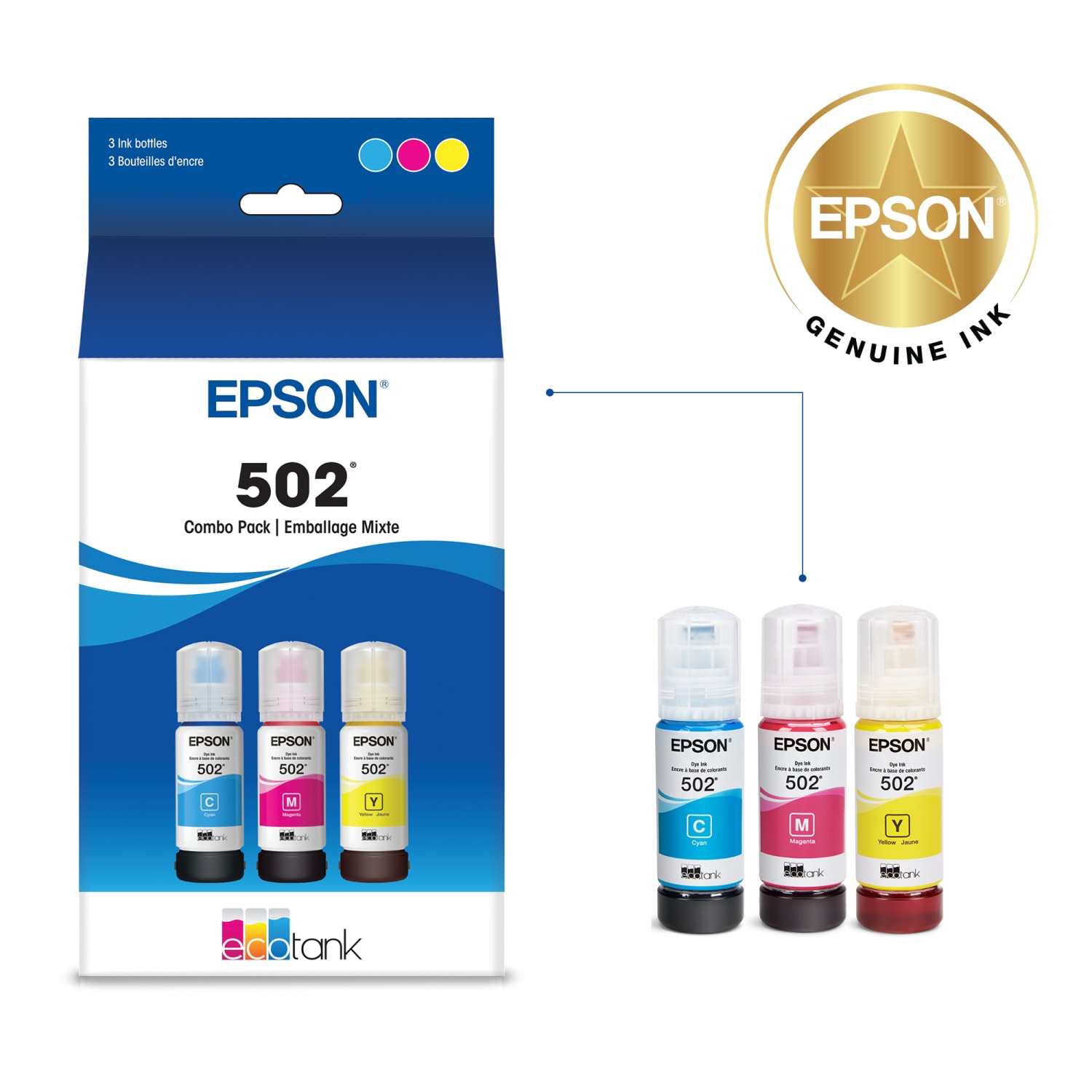 Epson 502 EcoTank Cyan, Magenta, Yellow Ink Bottles, Pack Of 3, T502520-S - Image 3