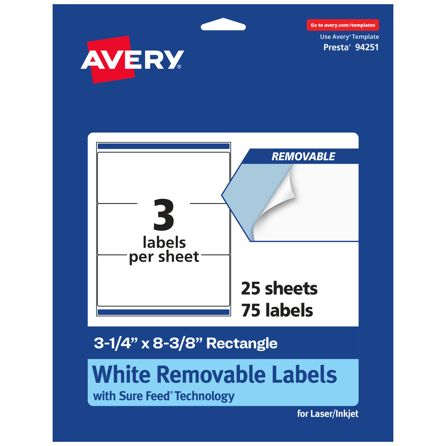 Avery Removable Labels With Sure Feed, 94251-RMP25, Rectangle, 3-1/4in x 8-3/8in, White, Pack Of 75 Labels