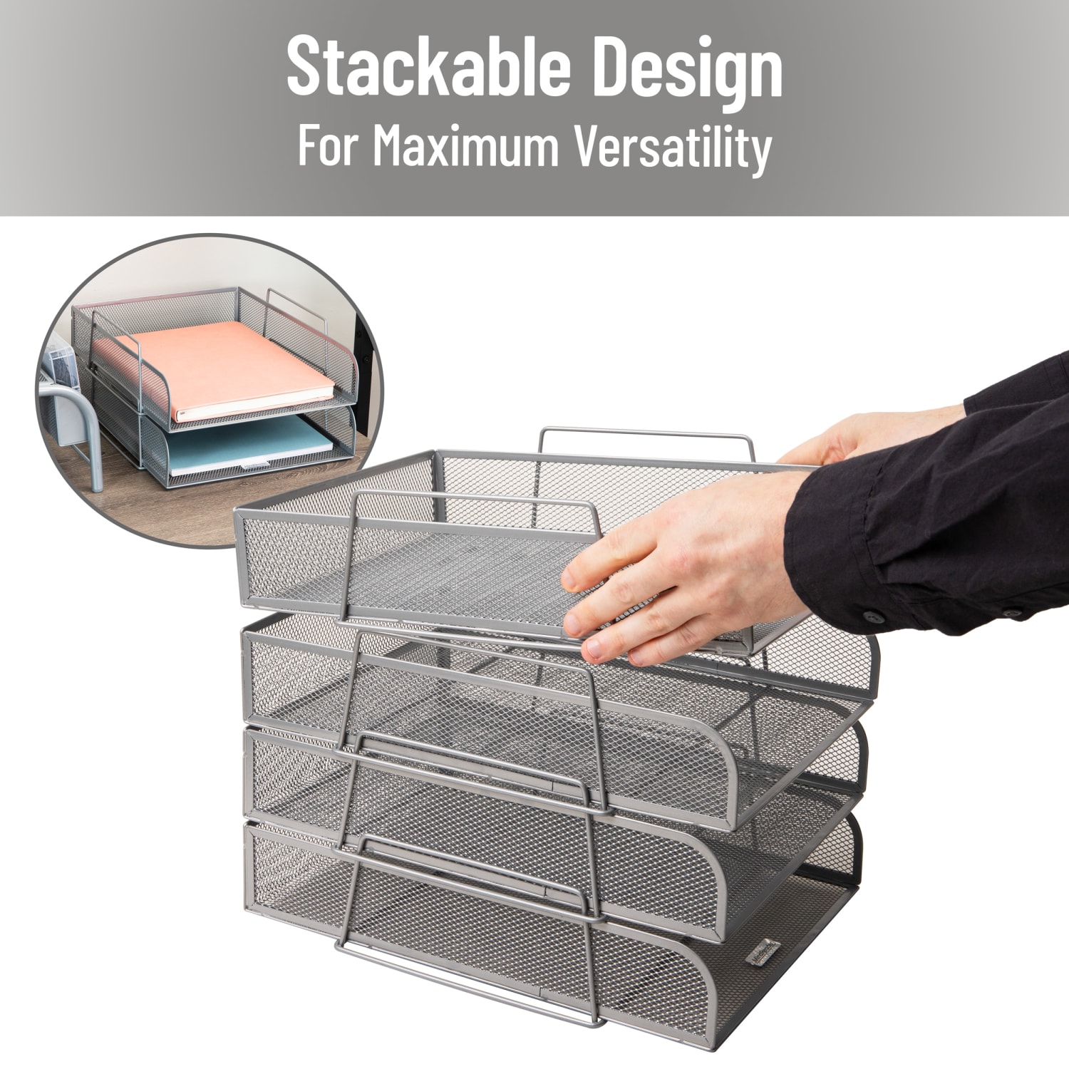 Mind Reader Metal Stackable Paper Tray Desktop Organizer, 11-1/4inH x 13-1/2inW x 10-1/2inD, Silver - Image 5
