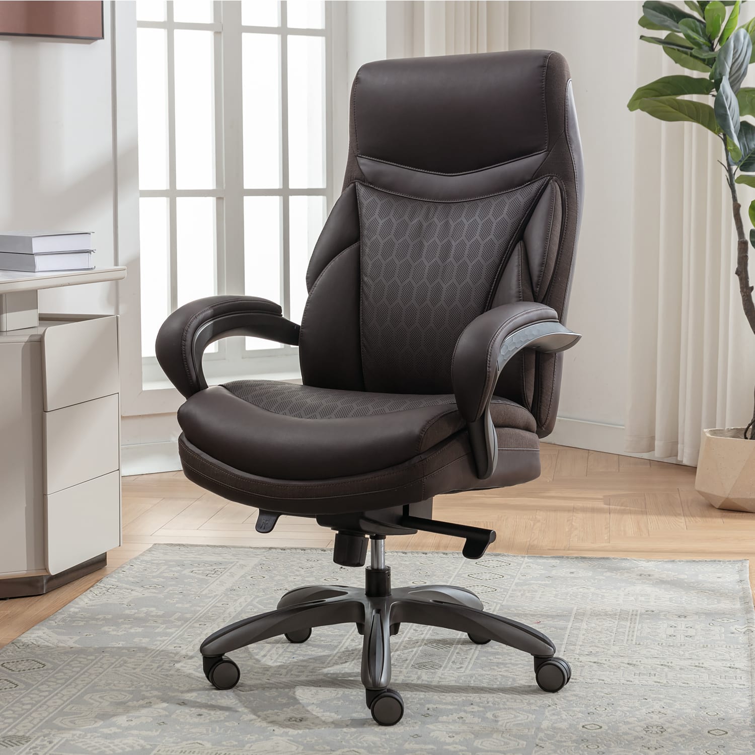 Shaquille O-Neal Maximos Big & Tall Ergonomic Vegan Leather High-Back Executive Office Chair, Dark Brown/Silver, BIFMA Compliant