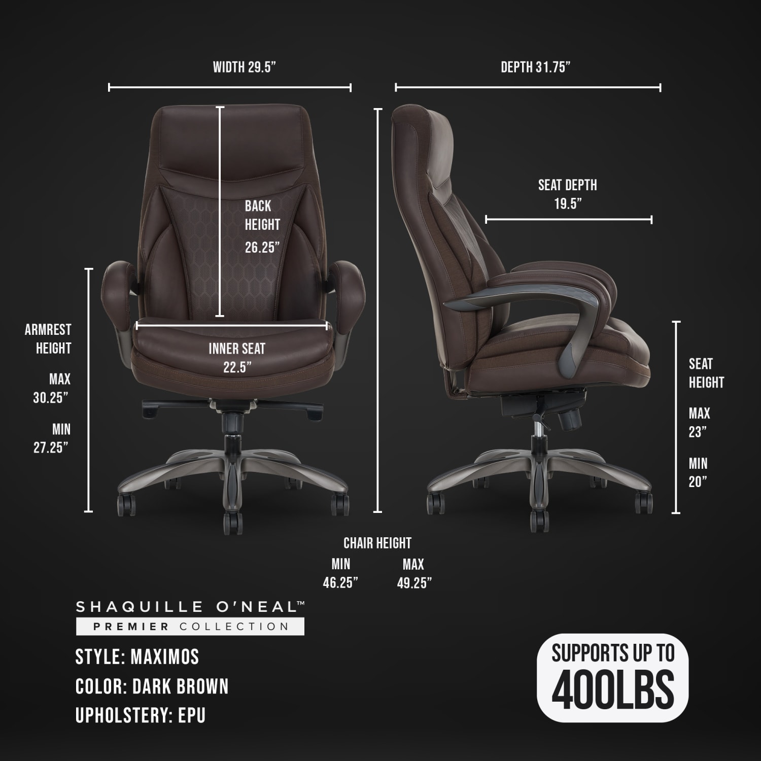 Shaquille O Neal Maximos Big  Tall Ergonomic Vegan Leather High Back Executive Office Chair Dark BrownSilver BIFMA Compliant PopularChairscom