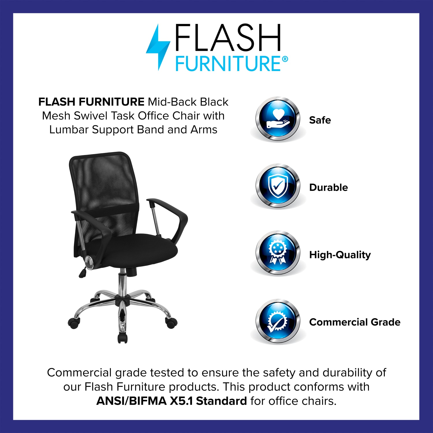 Flash Furniture Mesh Mid-Back Swivel Task Chair With Chrome Base, Black/Silver - Image 5