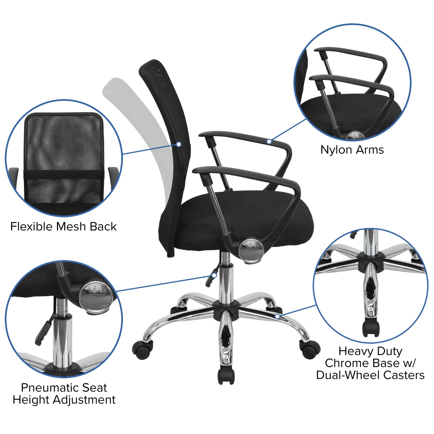 Flash Furniture Mesh Mid-Back Swivel Task Chair With Chrome Base, Black/Silver - Image 6