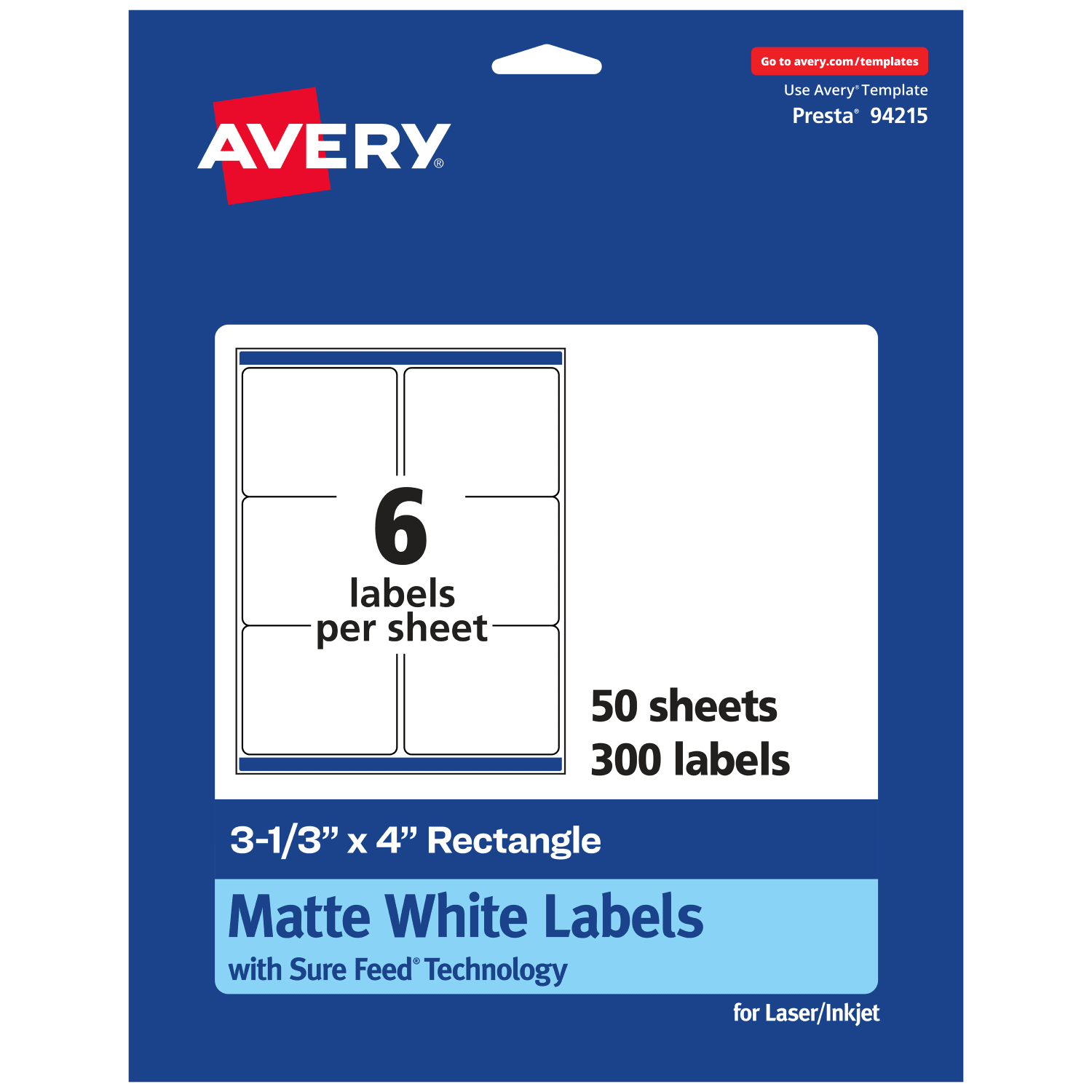 Avery Permanent Labels With Sure Feed, 94215-WMP50, Rectangle, 3-1/3in x 4in, White, Pack Of 300