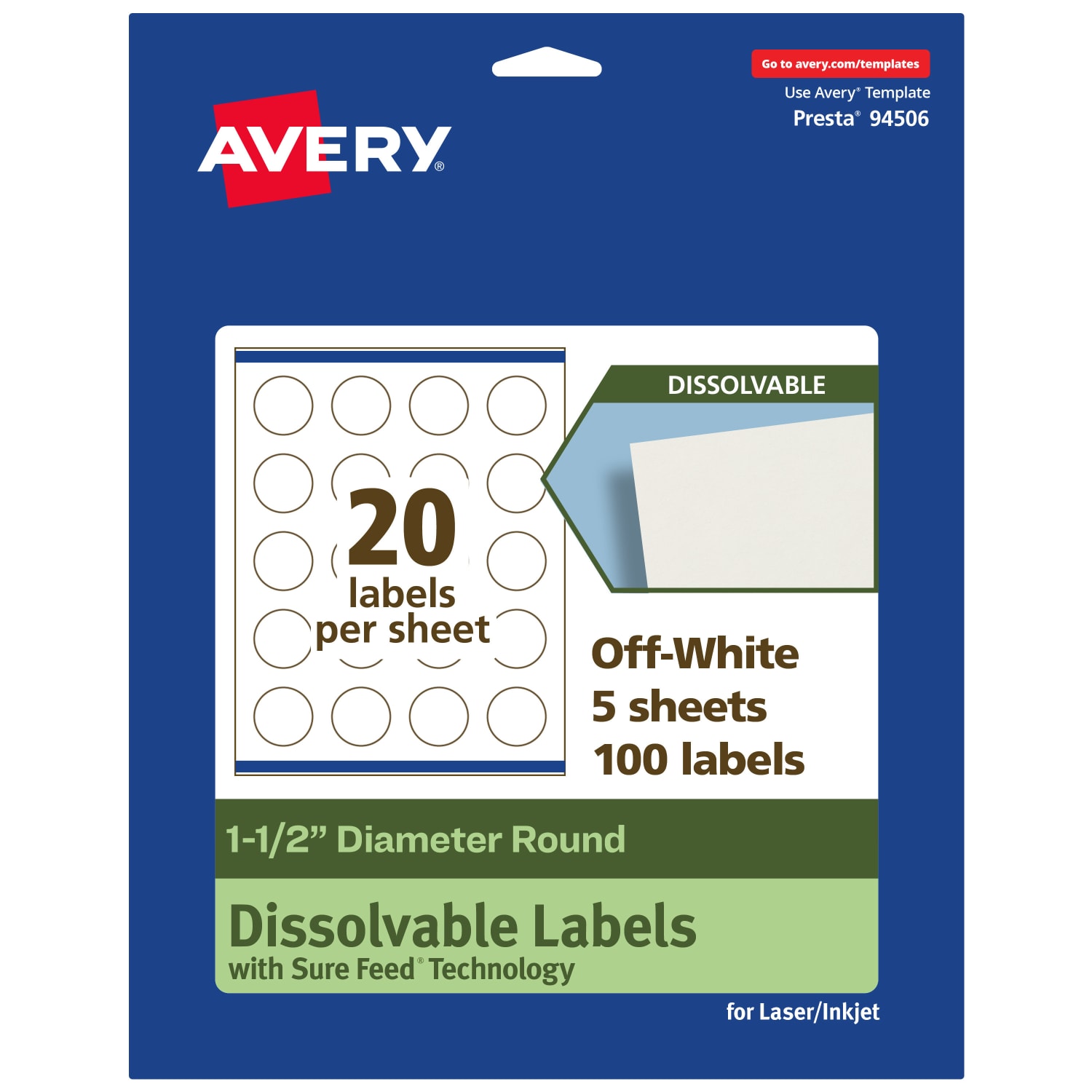 Avery Print-to-the-Edge Dissolvable Labels With Sure Feed Technology, 94506-DWMP5, Round, 1-1/2in, Matte Off-White, Pack Of 100