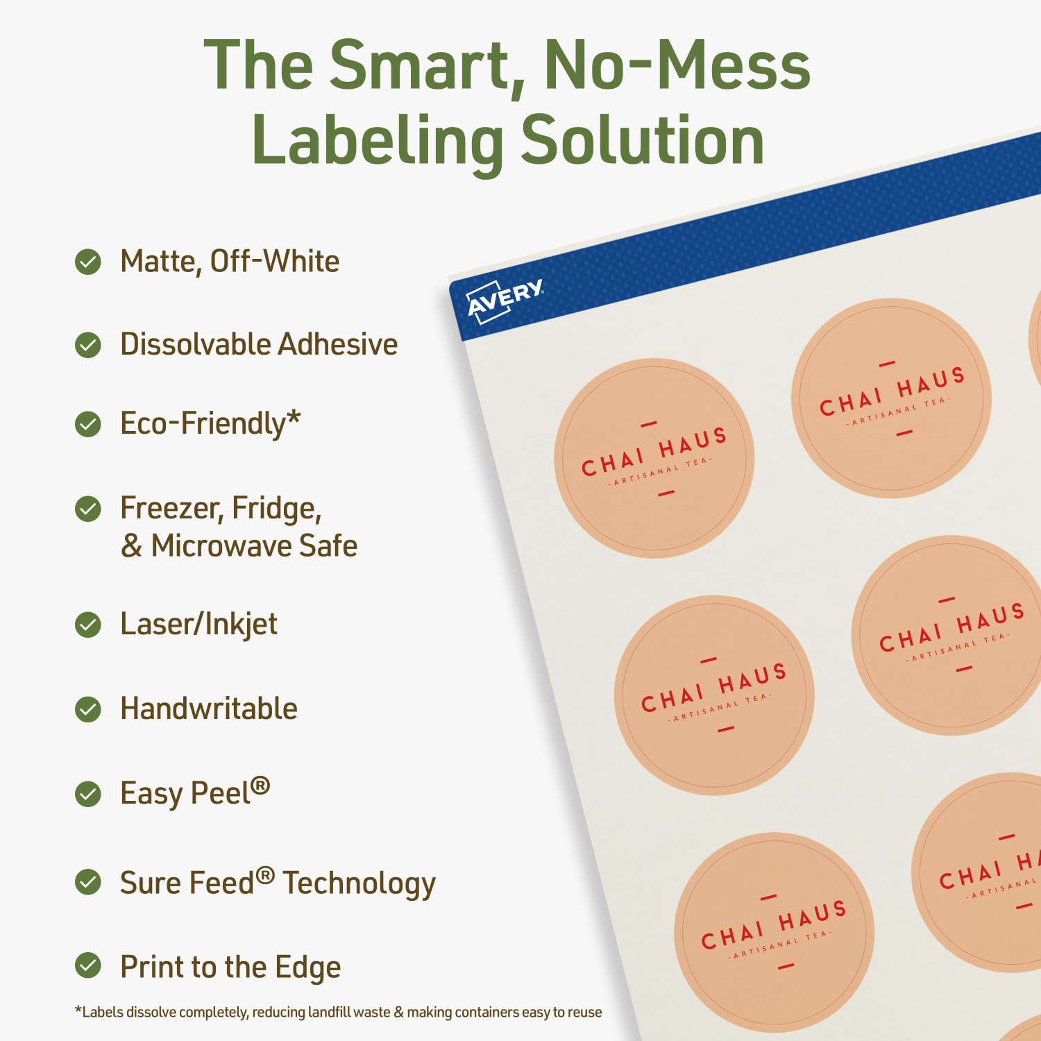 Avery Print-to-the-Edge Dissolvable Labels With Sure Feed Technology, 94506-DWMP5, Round, 1-1/2in, Matte Off-White, Pack Of 100 - Image 3