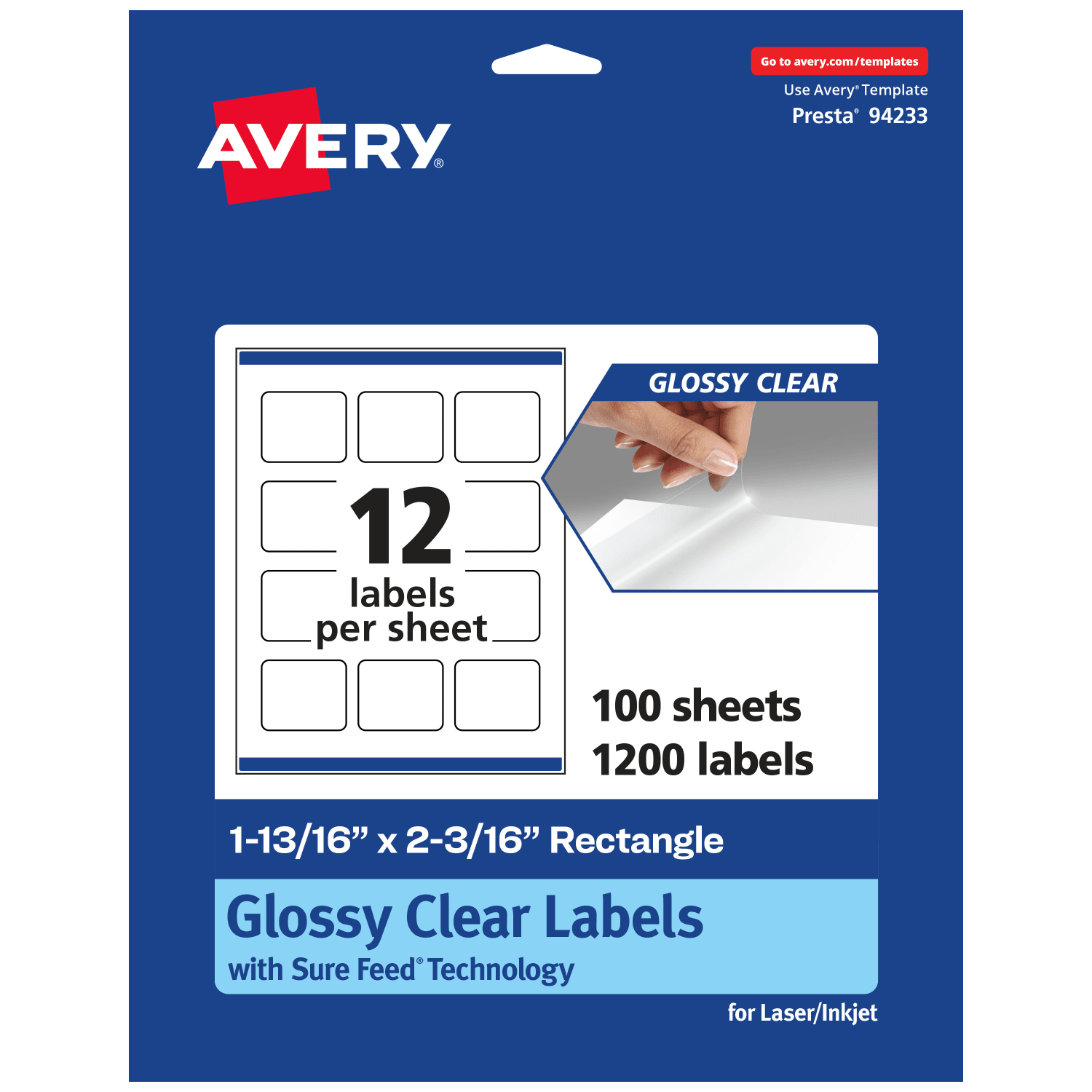 Avery Glossy Permanent Labels With Sure Feed, 94233-CGF100, Rectangle, 1-13/16in x 2-3/16in, Clear, Pack Of 1,200