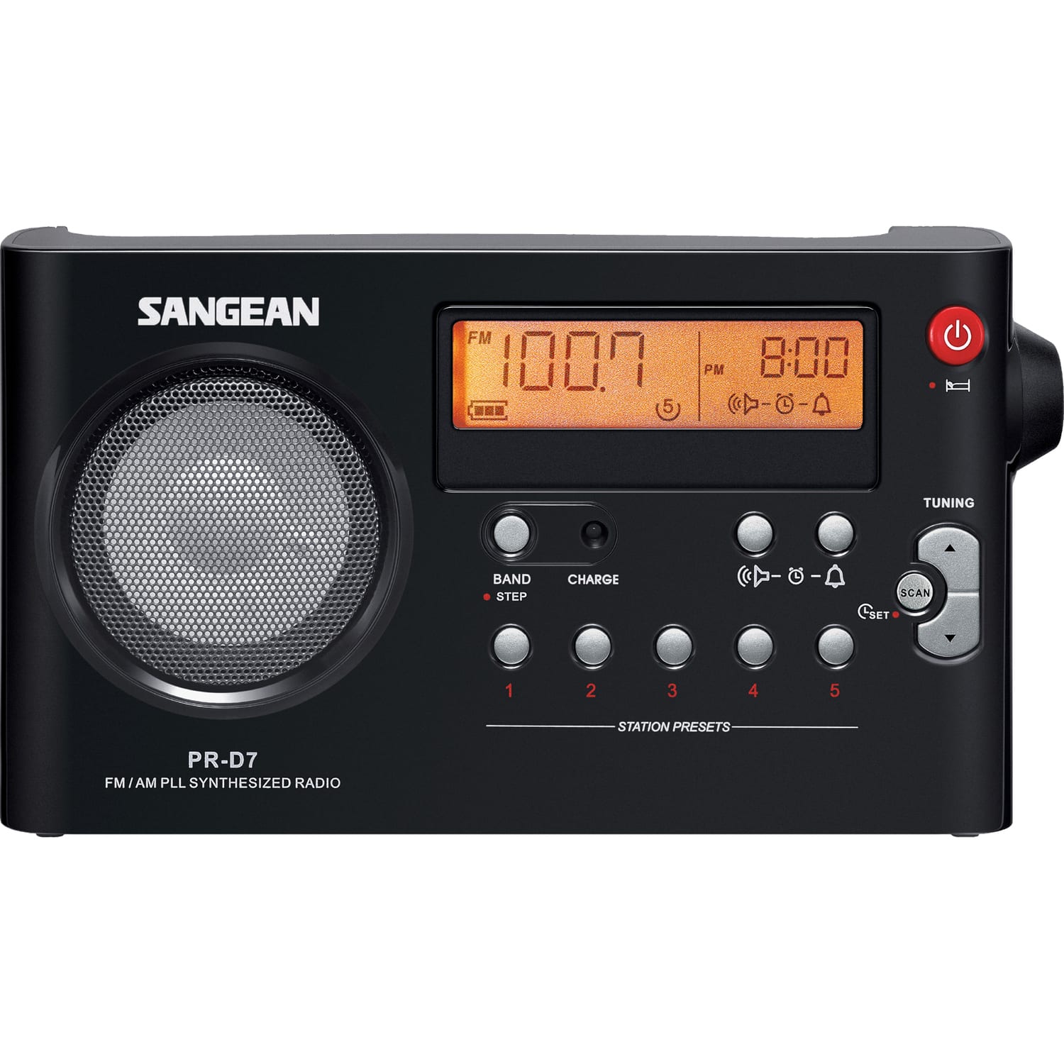 Sangean PR-D7 Desktop Clock Radio, 4-5/8inH x 8-1/2inW x 1-5/8inD, Black