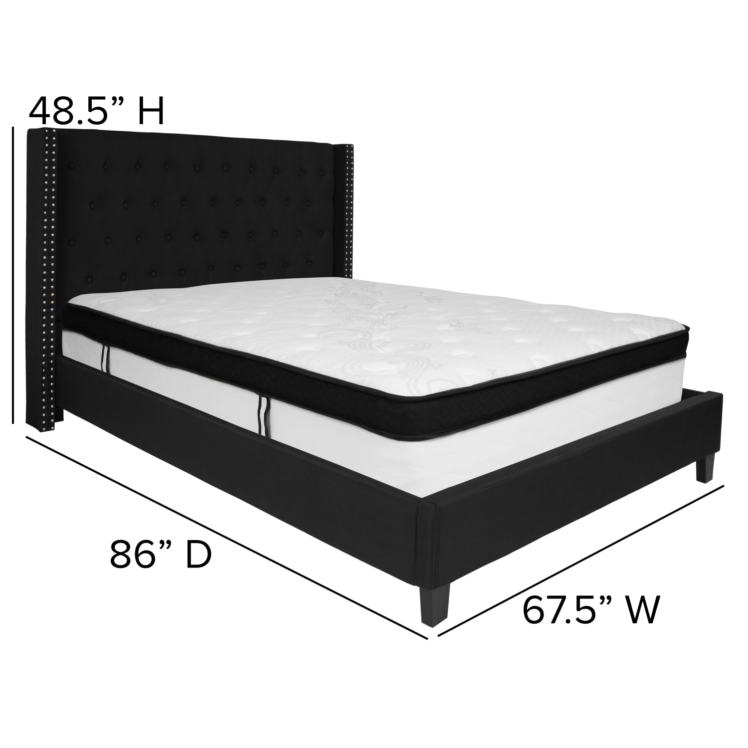 Flash Furniture Riverdale Tufted Upholstered Platform Bed With Accent Nail Trimmed Extended Sides And Memory Foam Pocket Spring Mattress, Queen, Black - Image 5