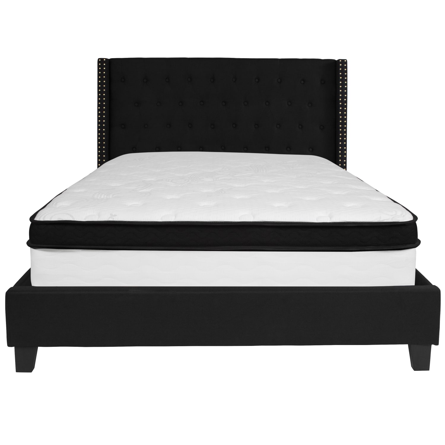 Flash Furniture Riverdale Tufted Upholstered Platform Bed With Accent Nail Trimmed Extended Sides And Memory Foam Pocket Spring Mattress, Queen, Black - Image 6
