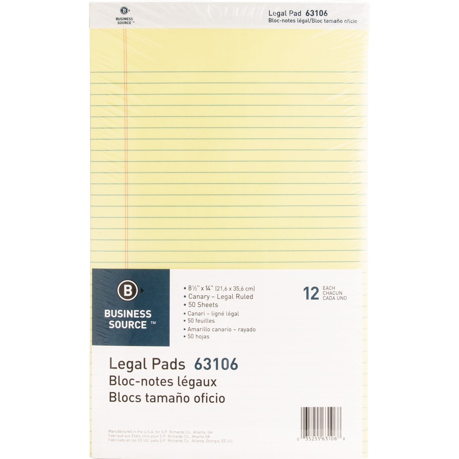 Business Source Legal Pads - 50 Sheets - 0.34in Ruled - 16 lb Basis Weight - Legal - 8 1/2in x 14in Sheet Size - Canary Paper - Micro Perforated, Easy Tear, Sturdy Back - 1 Dozen - Image 3