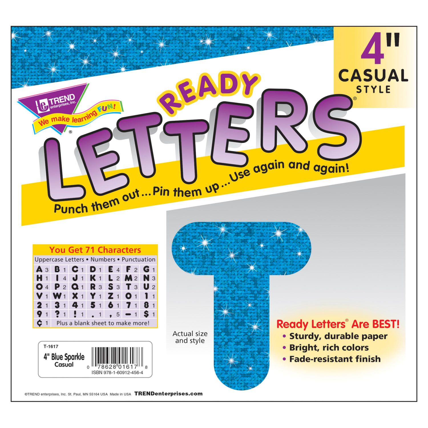 TREND Ready Letters, 4in, Casual Uppercase, Blue Sparkle, 71 Per Pack, Set Of 3 Packs - Image 4