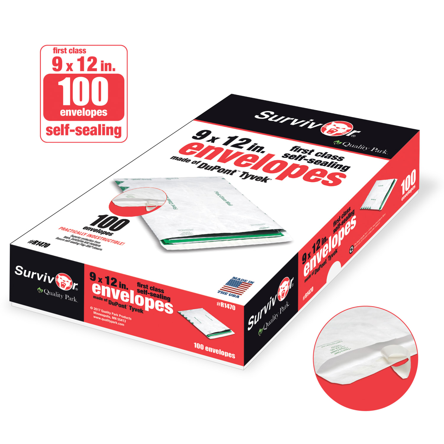 Quality Park Tyvek 9in x 12in Envelopes, Self-Adhesive, First Class, White, Box Of 100 - Image 3