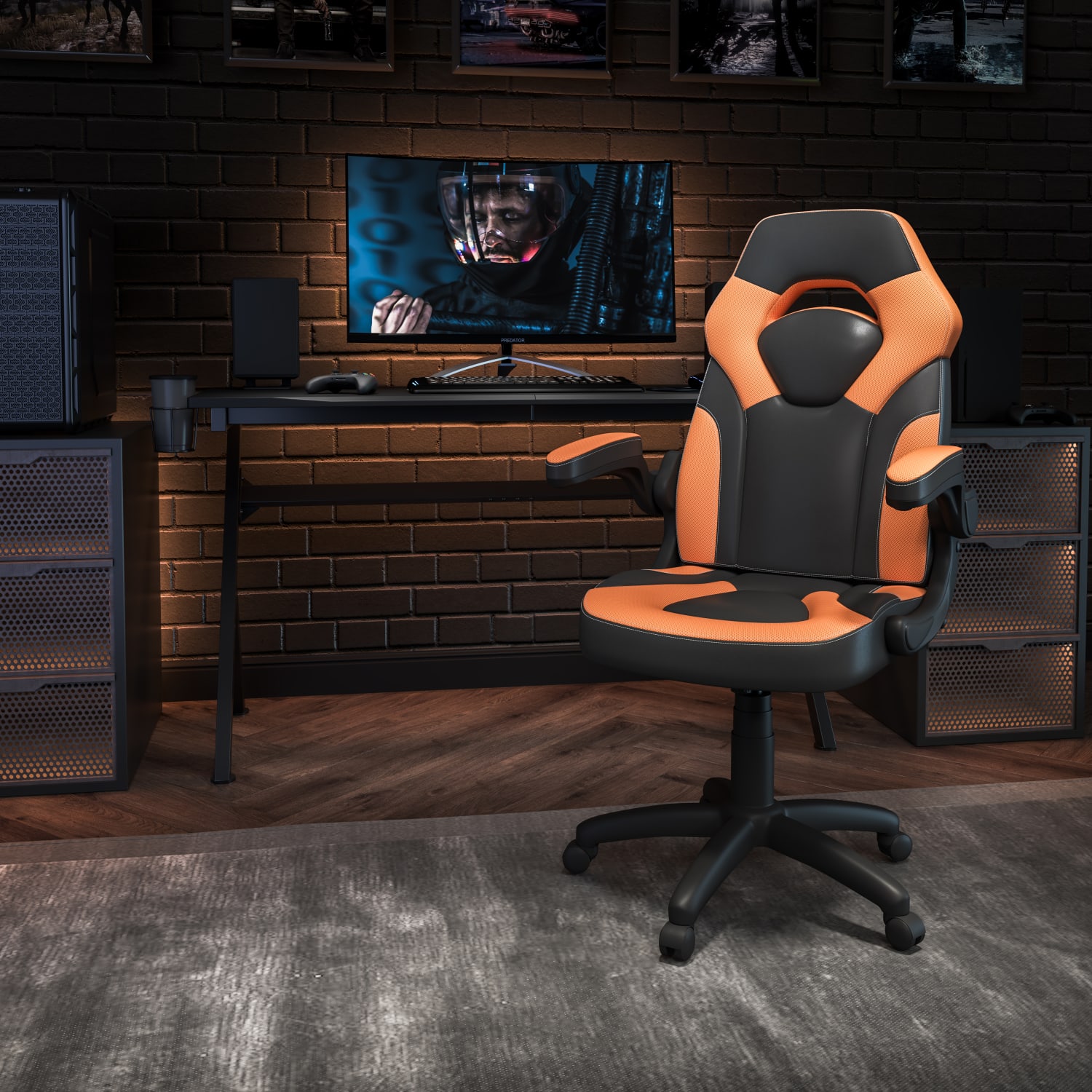 Flash Furniture X10 Ergonomic LeatherSoft Faux Leather High-Back Racing Gaming Chair With Flip-Up Arms, Orange/Black