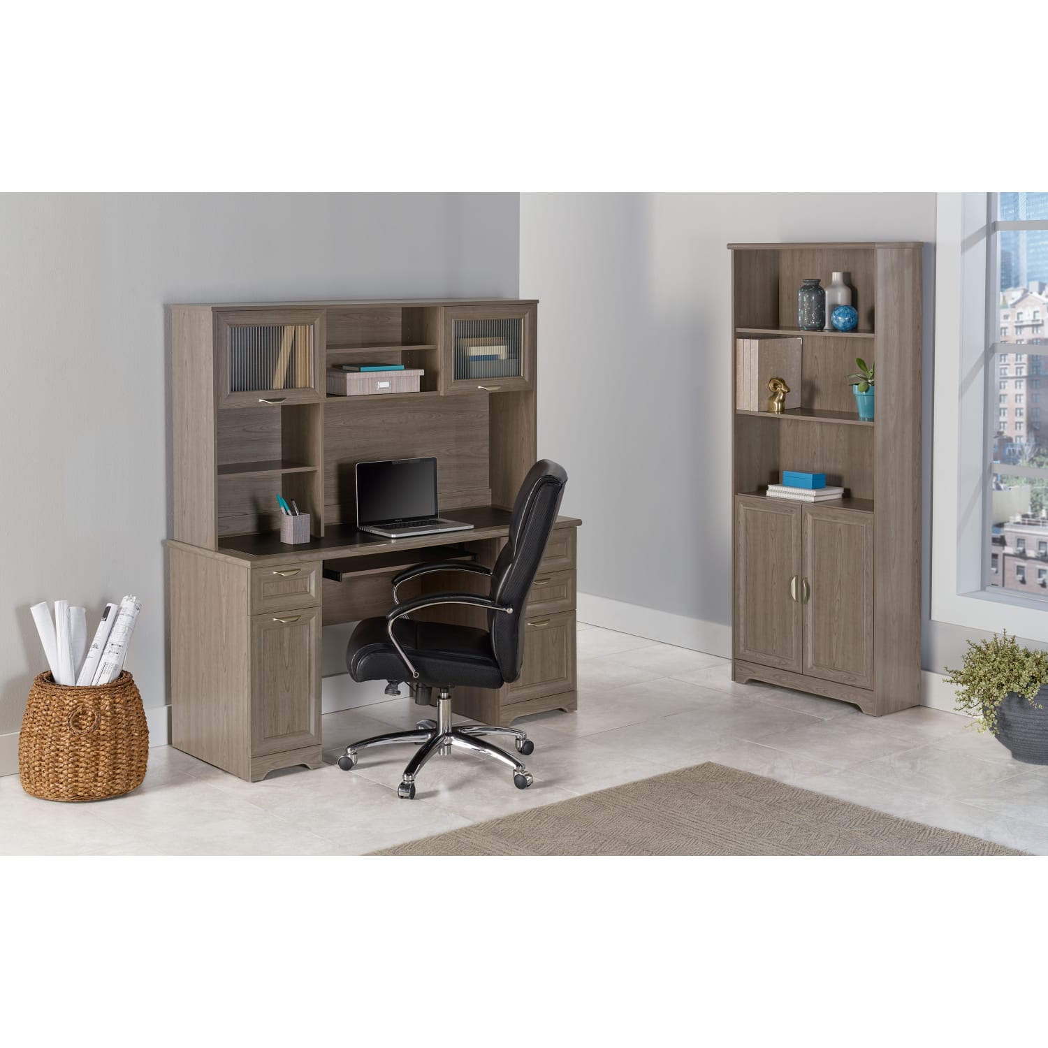 Realspace® Magellan 72H 5 Shelf Contemporary Bookcase with Doors GrayMedium Finish PopularChairscom