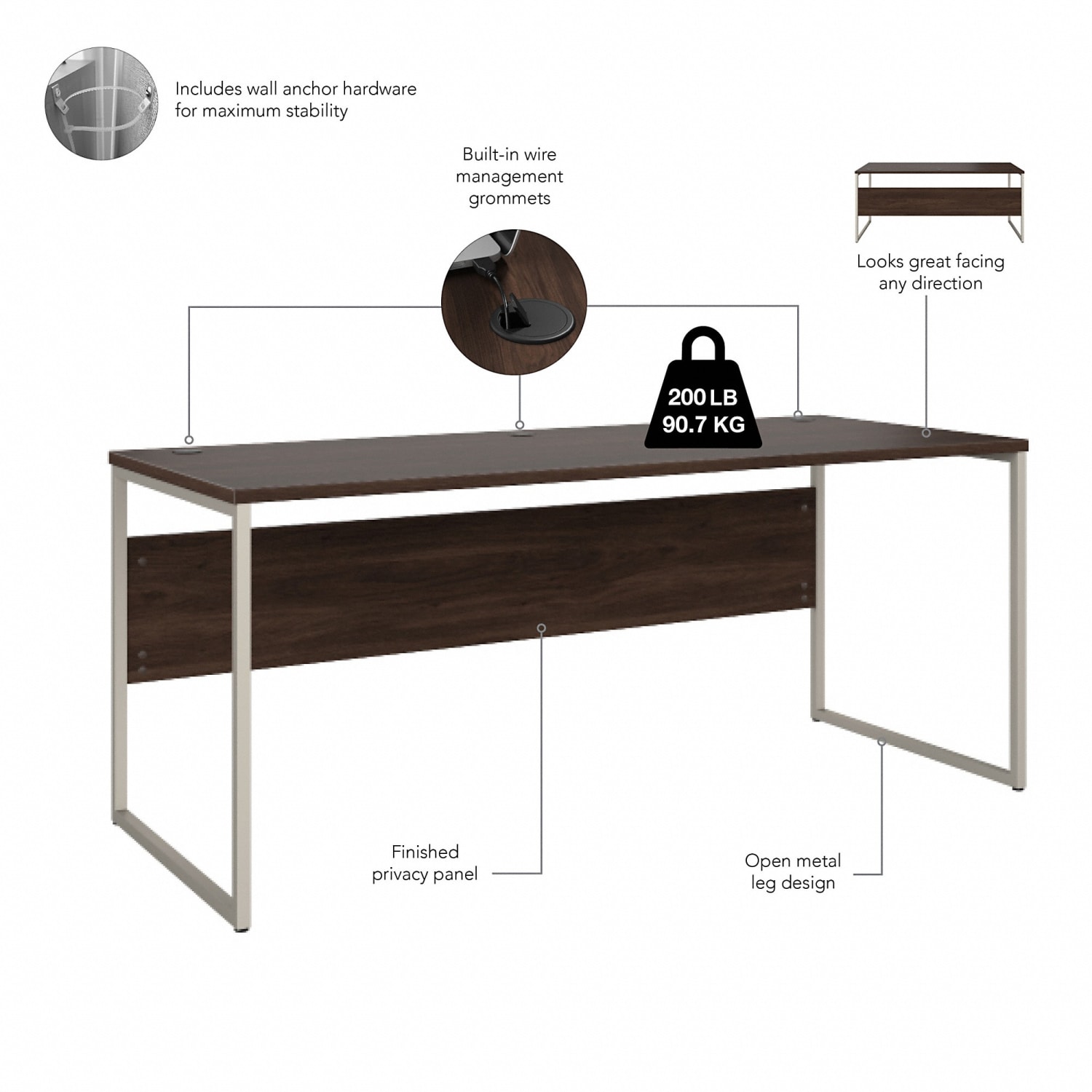 Bush Business Furniture Hybrid Computer Table Desk With Metal Legs, 72inW x 30inD, Black Walnut, Standard Delivery - Image 4