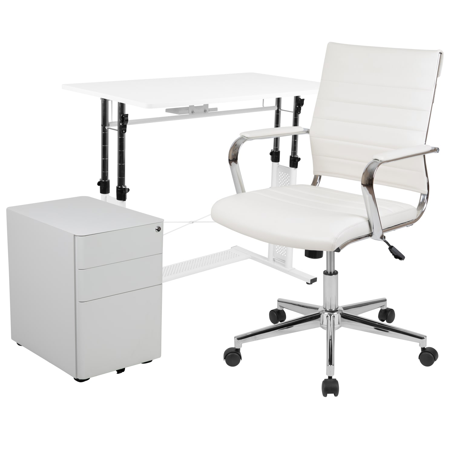 Flash Furniture Work From Home Desk And Chair Set With Adjustable Computer Desk, LeatherSoft Office Chair And Side Handle Locking Mobile Filing Cabinet, White - Image 3