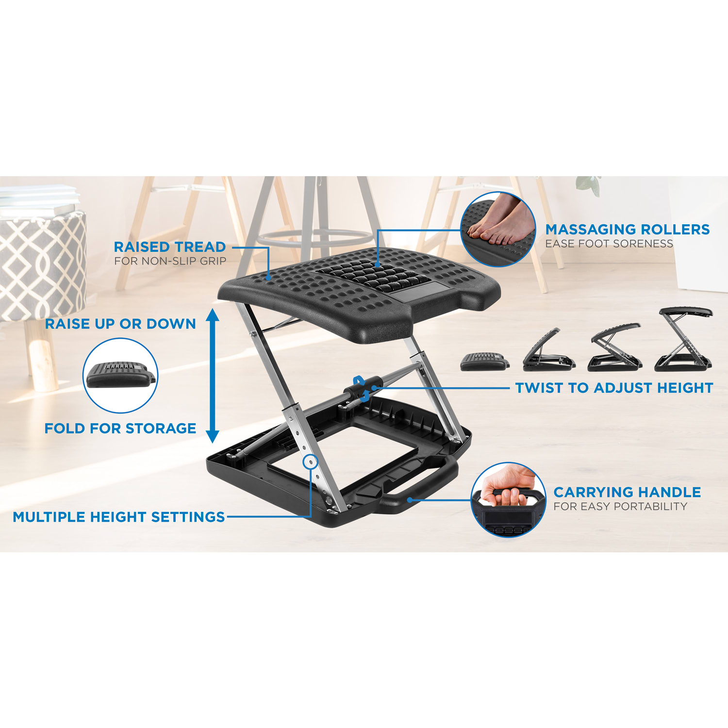 Mount It Adjustable Under Desk Footrest With Massaging Rollers Plastic 15in x 17 1316in Black PopularChairscom