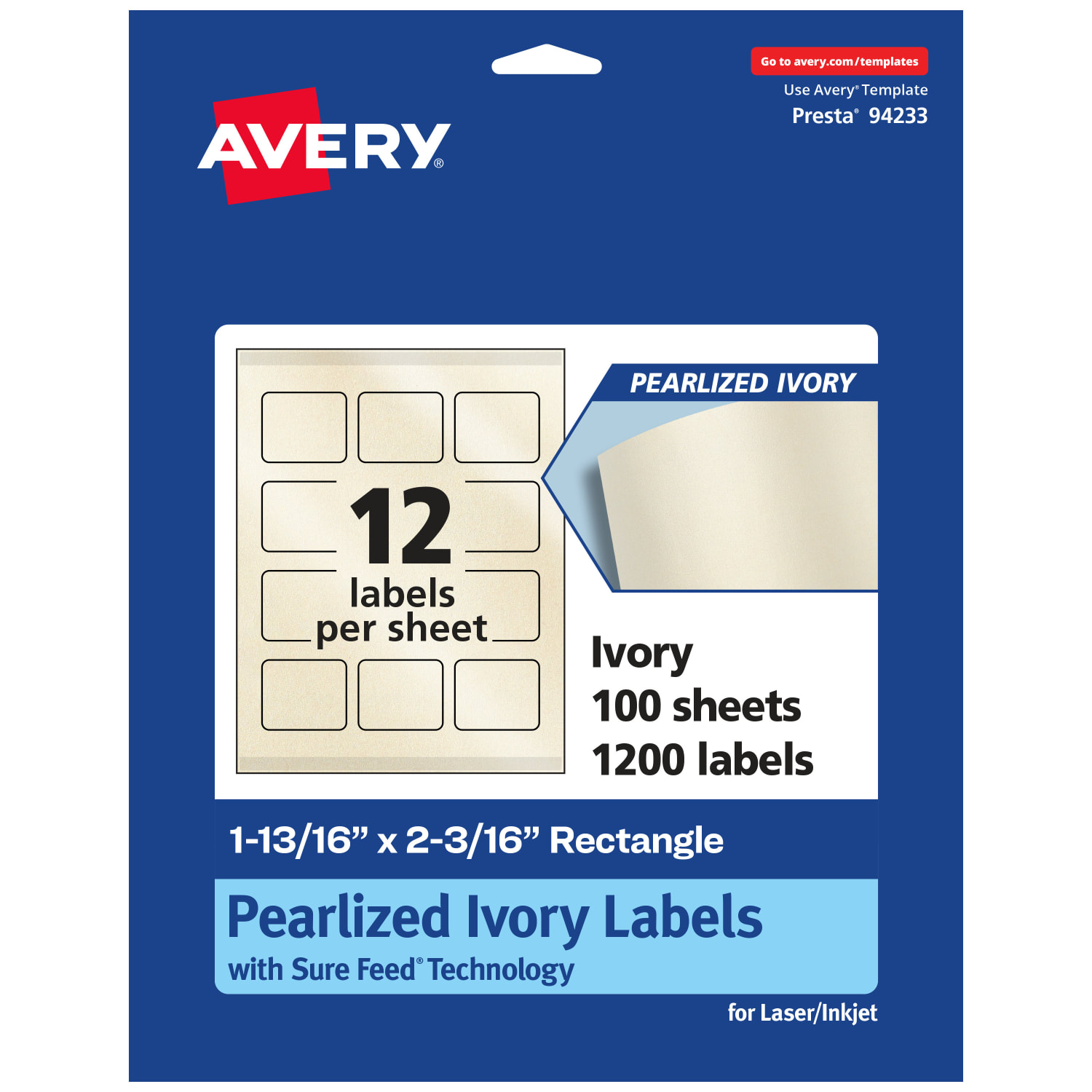 Avery Pearlized Permanent Labels With Sure Feed, 94233-PIP100, Rectangle, 1-13/16in x 2-3/16in, Ivory, Pack Of 1,200 Labels