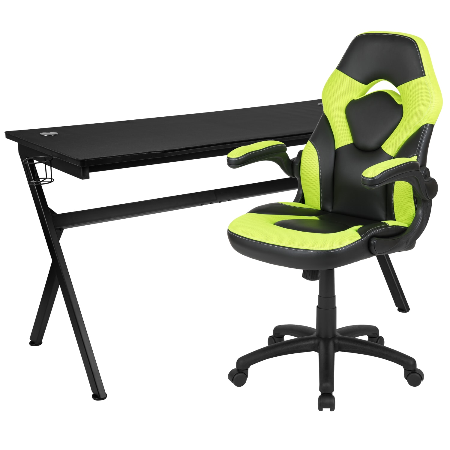 Flash Furniture Gaming Desk And Racing Chair Set With Cup Holder, Headphone Hook & Removable Mouse Pad Top, Green - Image 3