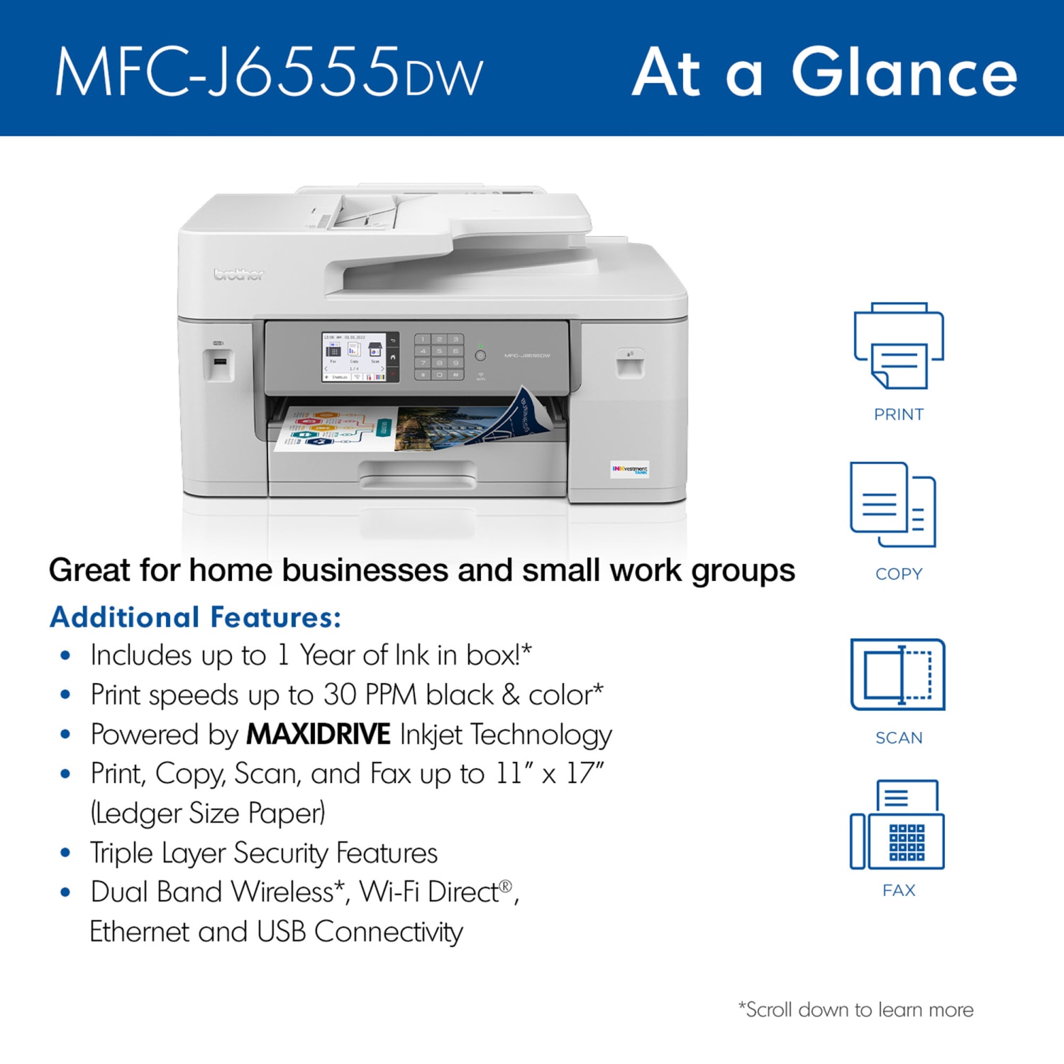 Brother INKvestment Tank MFC-J6555DW Inkjet All-In-One Color Printer With Ink - Image 3