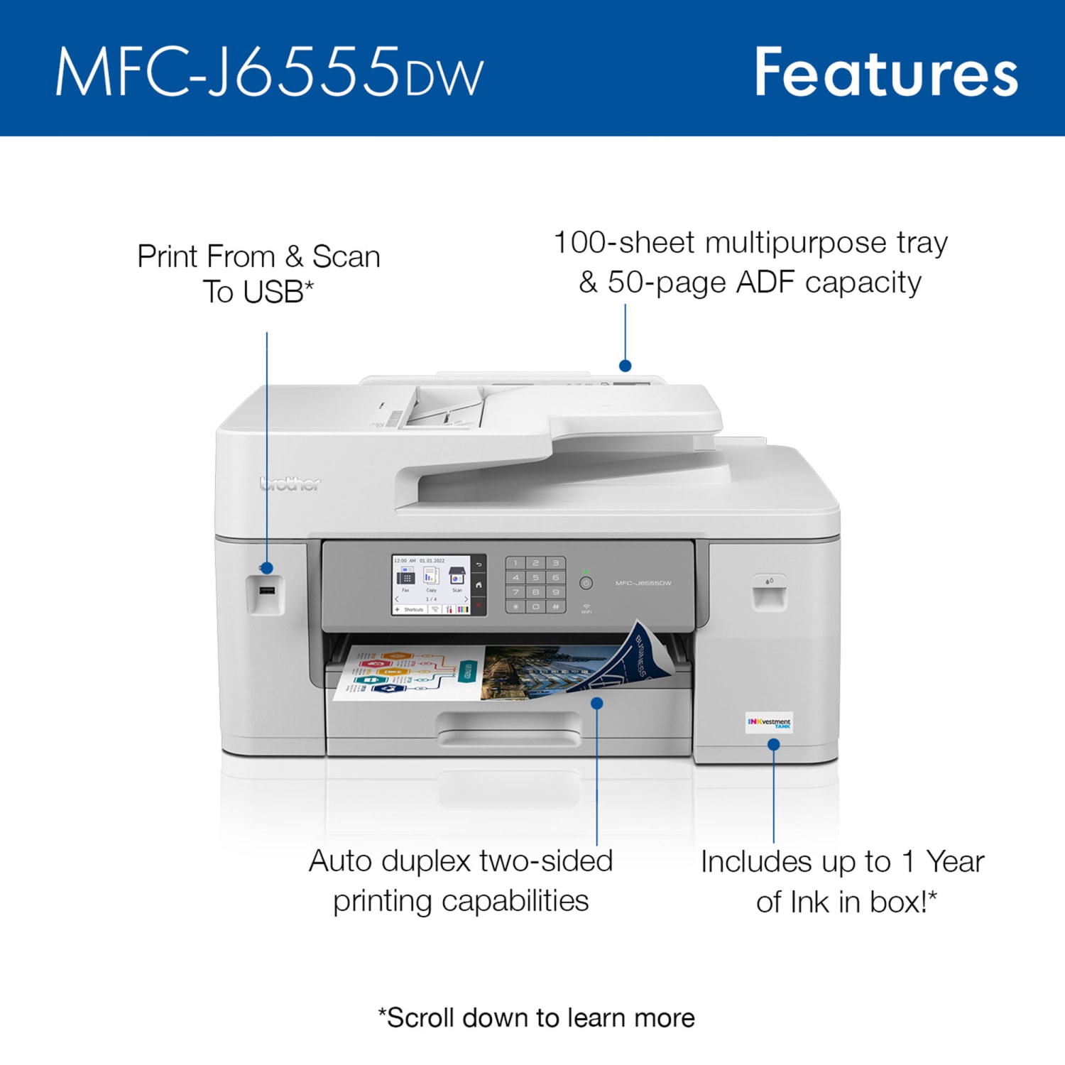 Brother INKvestment Tank MFC-J6555DW Inkjet All-In-One Color Printer With Ink - Image 4