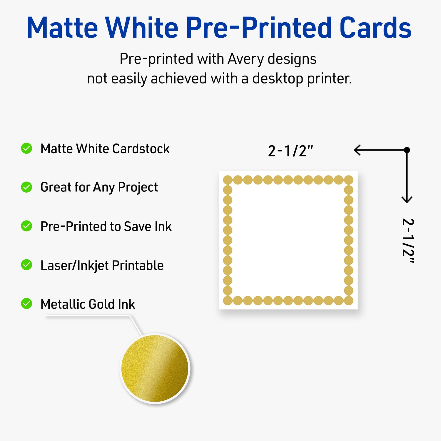Avery Printable Cards With Sure Feed Technology, 2-1/2in x 2-1/2in, Matte White With Preprinted Gold Bead Design, Pack Of 90 - Image 4
