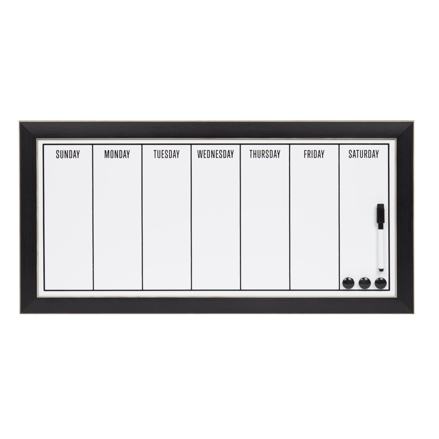 DesignOvations Wyeth Magnetic Framed Dry-Erase Weekly Calendar, Melamine, 13in x 26in, White, Black Plastic Frame