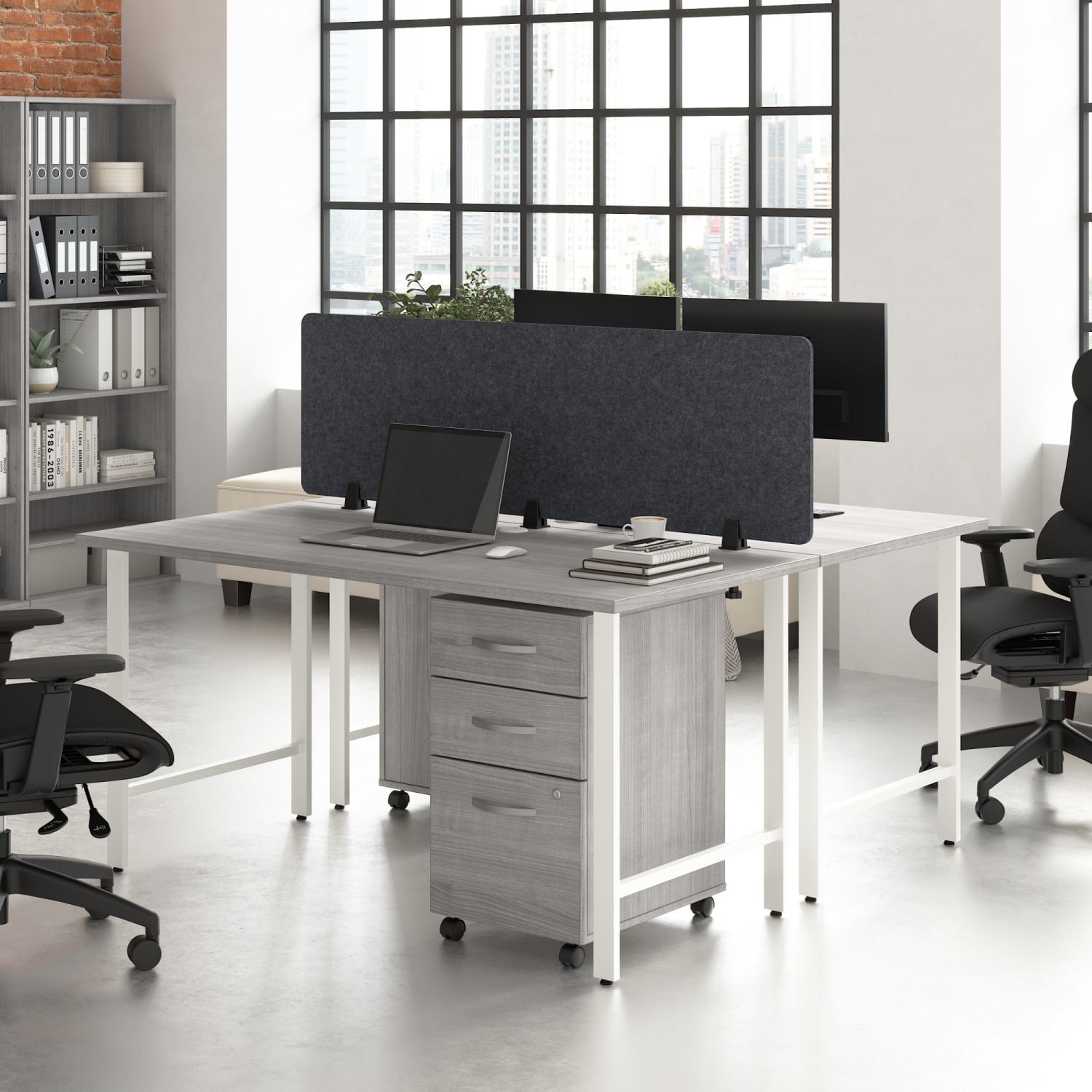 Bush Business Furniture Hustle 2 Person Computer Desk with Mobile File Cabinets, Power Grommets, and Privacy Screen, Platinum Gray,   - HUS014PGSU